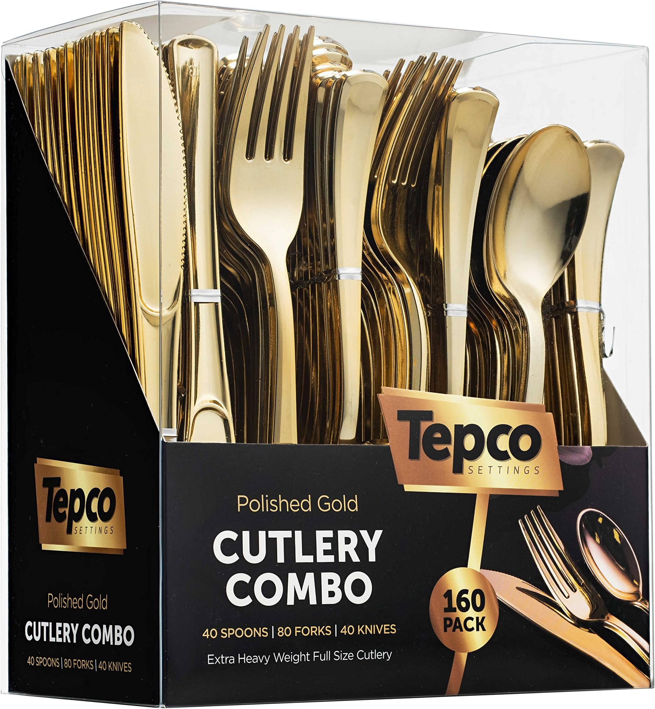 160 Silverware Set - Disposable Flatware - 80 Plastic Forks, 40 Plastic Spoons, 40 Cutlery Knives - Heavy Duty for Party Bulk Pack (Gold)