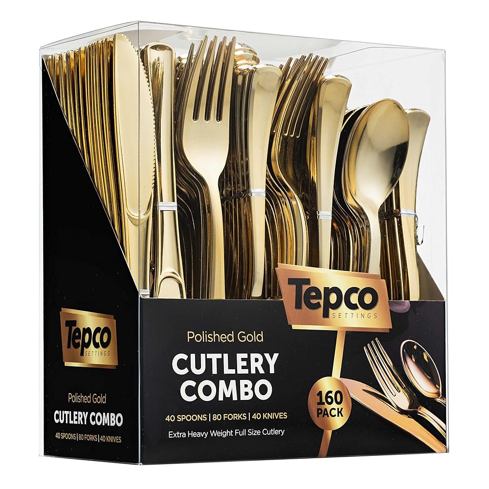 160 Silverware Set - Disposable Flatware - 80 Plastic Forks, 40 Plastic Spoons, 40 Cutlery Knives - Heavy Duty for Party Bulk Pack (Gold)