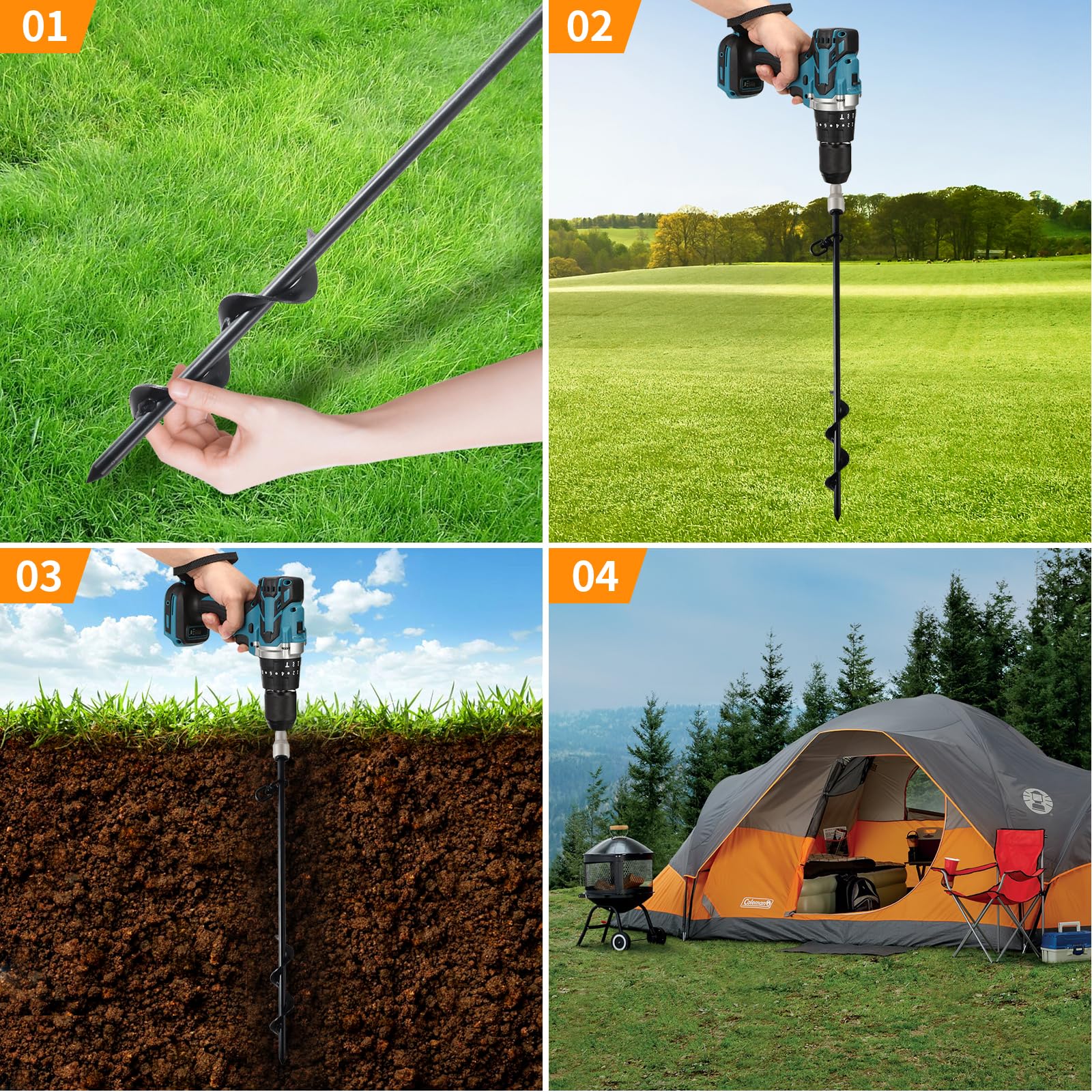 4 Stück Trampolin Bodenanker Set 40cm Trampolin Anker Erdanker Heavy Duty Trampolin Anchor Kit mit Adapter für Schaukel, Pavillon, Partyzelt, Gartenhaus, Schaukel, Zelt,Vordächern,Bodenanker