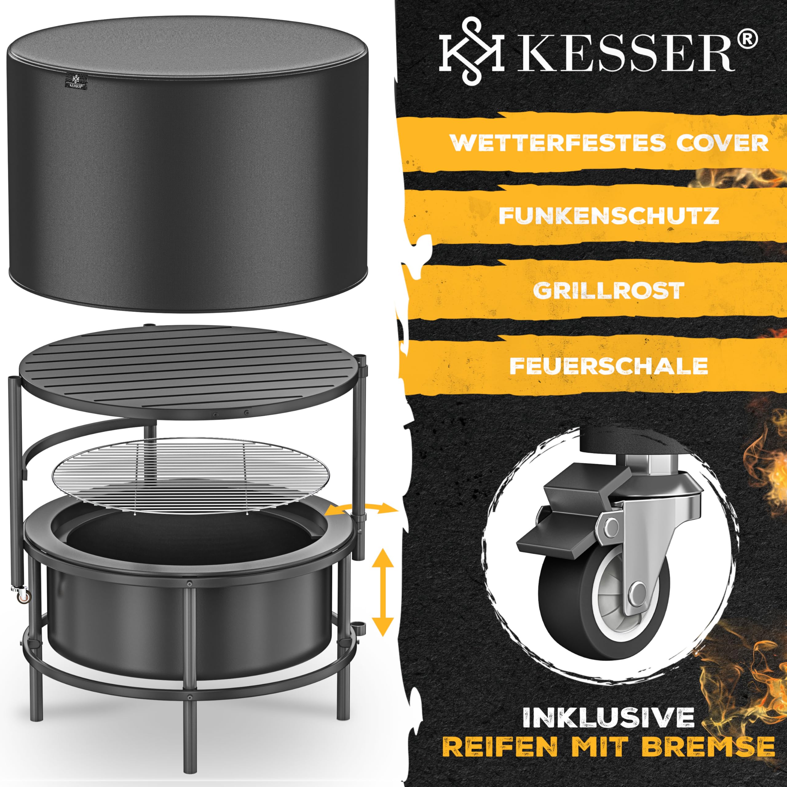 KESSER® Feuerschale mit Grillrost Ø65cm Feuerkorb 0,6mm Kaltveredelter Stahl | Mobile Feuertonne mit Reifen | Holz & Kohle Feuerstelle inkl. 60cm Feuerhaken aus Gusseisen, Ø52cm, Bürste & Cover