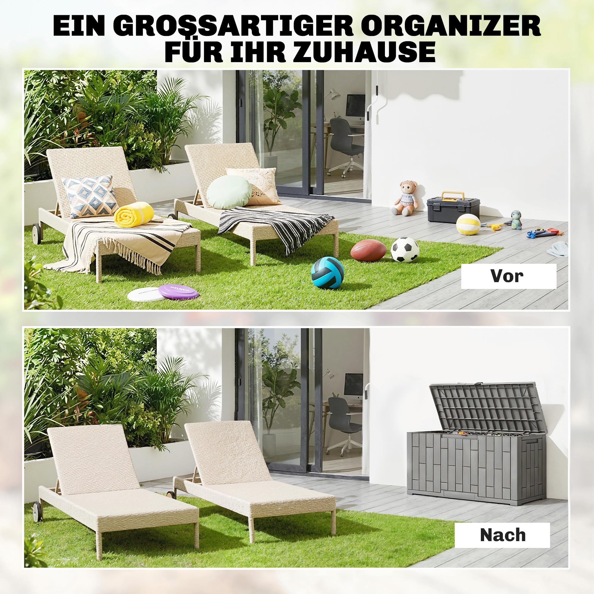 Outsunny Gartenbox 227 Liter Auflagenbox mit Holzoptik Wasserdicht Abschließbar Outdoor Kissenbox aus Kunststoff UV-beständig Aufbewahrungsbox für Garten Balkon Terrasse 106,5 x 43 x 54,5 cm Grau