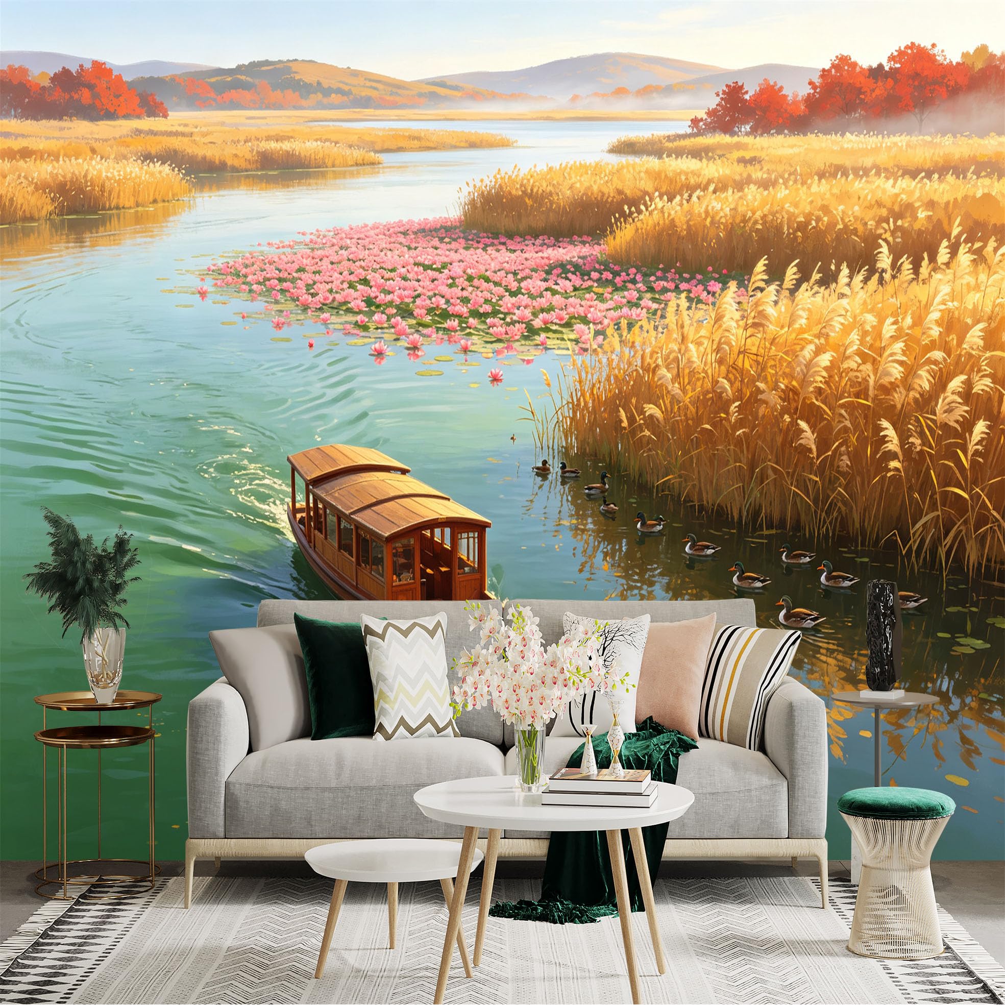 Custom Size Wall Sticker Mural， Wooden Boat on Calm River， Pink Lotus Flowers and Reeds， Scenic Nature Landscape， for wall Decoration， peelandstick wall Decals.
