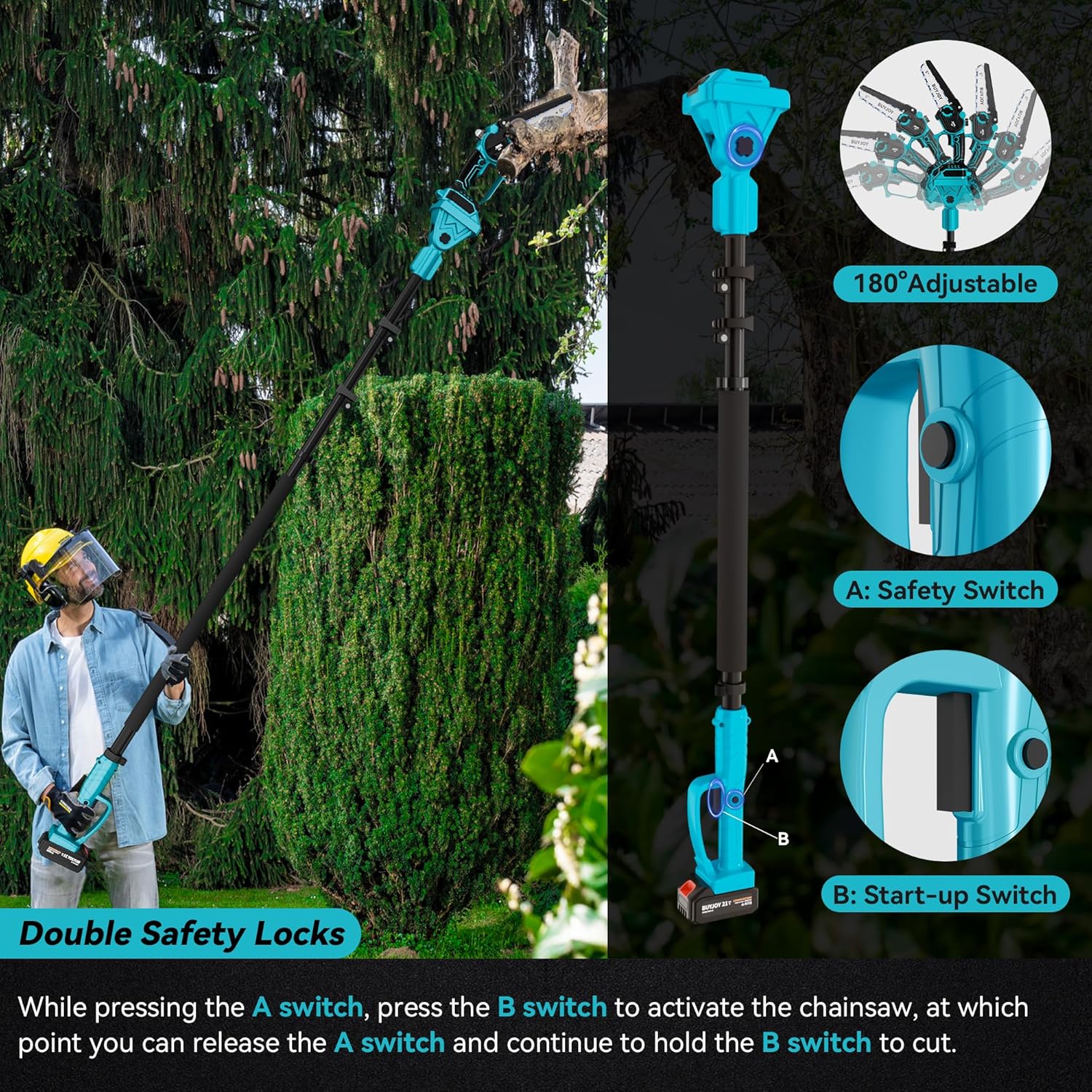 2-in-1 Electric Pole Saws for Tree Trimming, 6 Inch Mini Chainsaw Cordless with Extension Pole, 2 x 4000mAh Batteries,Battery Powered Pole Chain Saw, Tree Trimmer Limb Branch Cutter Pruner (Blue)
