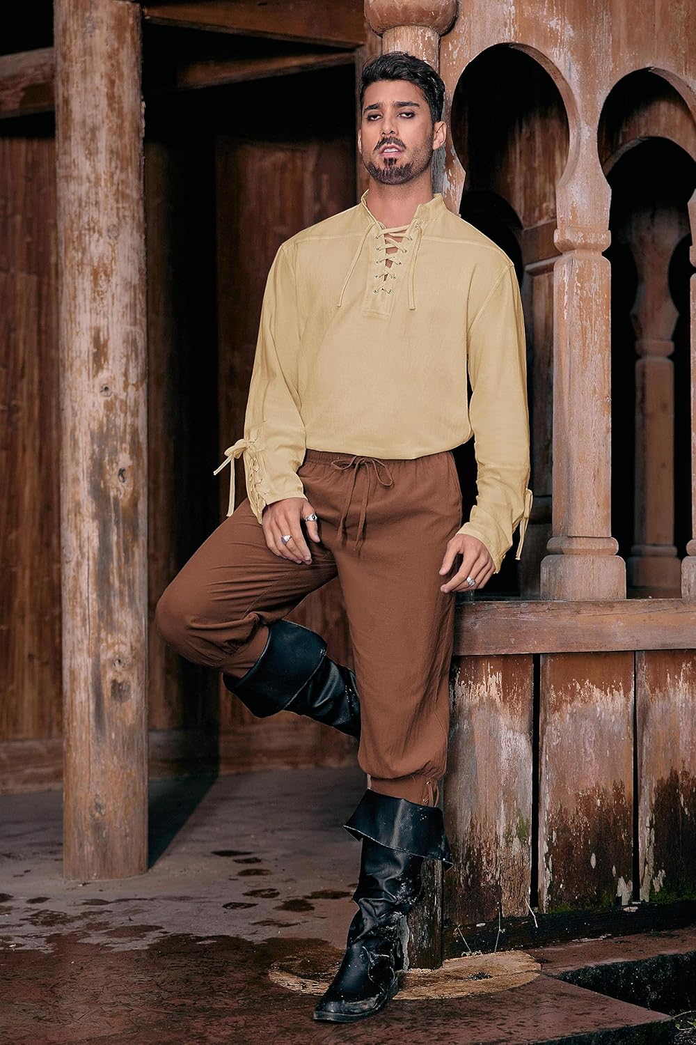 Mens Medieval Pirate Shirt Steampunk Retro Renaissance Viking Long Sleeve Lace Up Mercenary Halloween Scottish Tops - Image 3