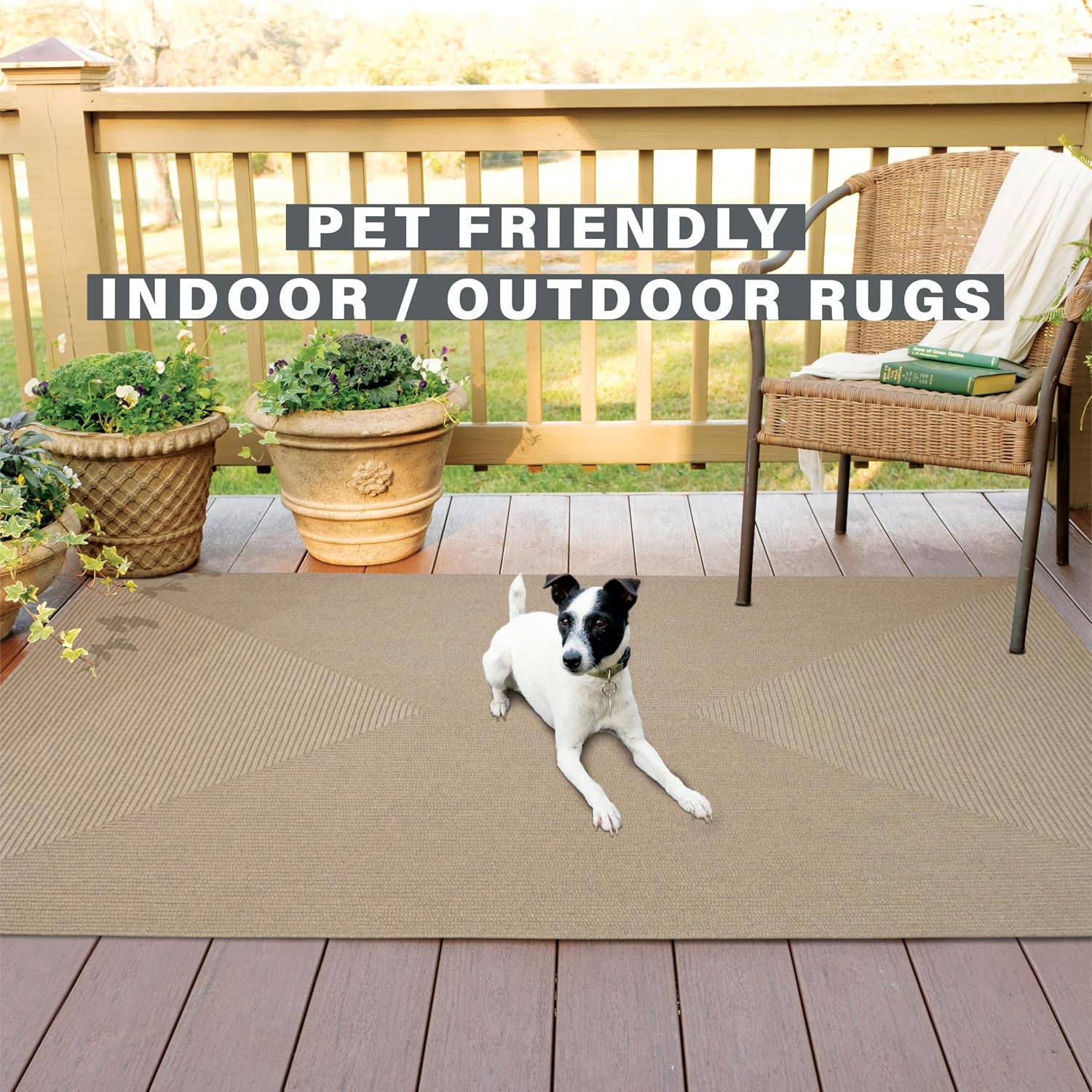 Homespice Biscuit Brown Indoor Outdoor Braided Rugs 8x10' - Big Area Rugs for Living Room and Dining Room, Also Perfect for Outdoor Patio and Deck, Durable, Waterproof, Pet Friendly and Soft