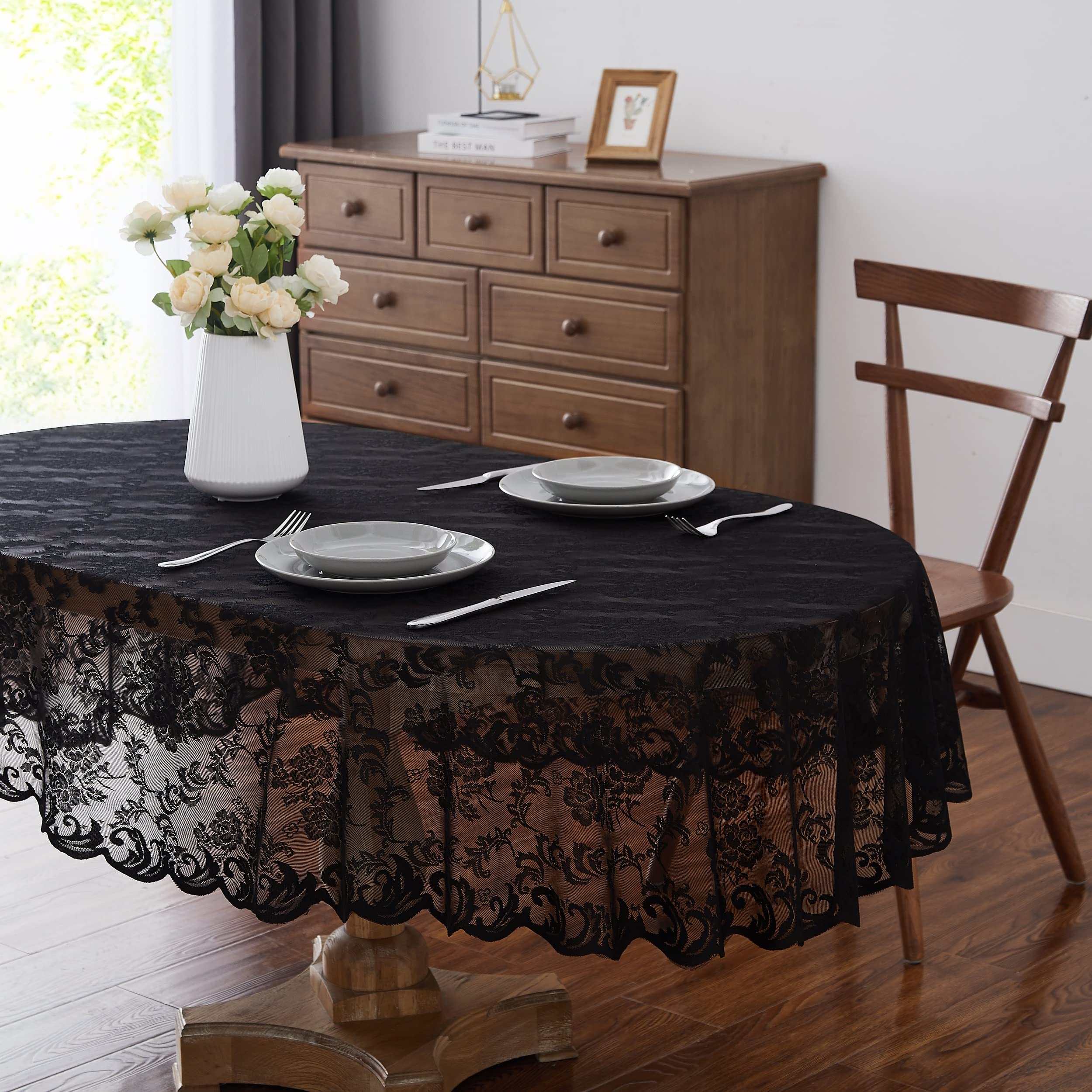 Linenzone Black Oval Tablecloth For Rustic Vintage Decor. Sheer Lace Tablecloth Works Great As Wedding Tablecloth, Thanksgiving Tablecloth Or Christmas Tablecloth (Mia Oval 84, )