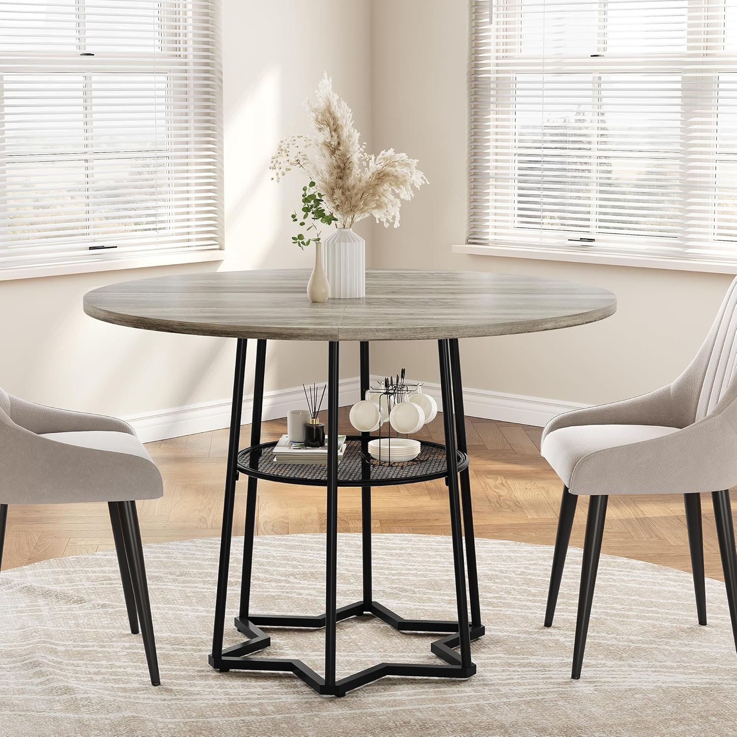 Round Dining Table Circle Storage Round Mesh Storage Rack Hexagonal Metal Base - Picture 12 of 18