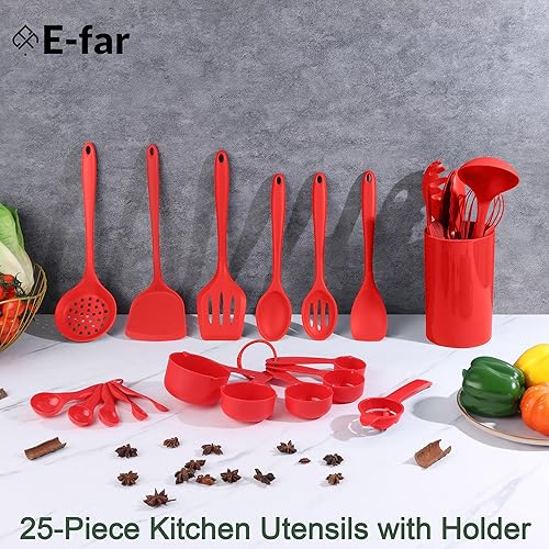 Miniatura 3 de E-far Juego de utensilios de cocina de silicona, 25 piezas de utensilios de cocina con soporte, espátula, espátula, espátula, cucharón, utensilios