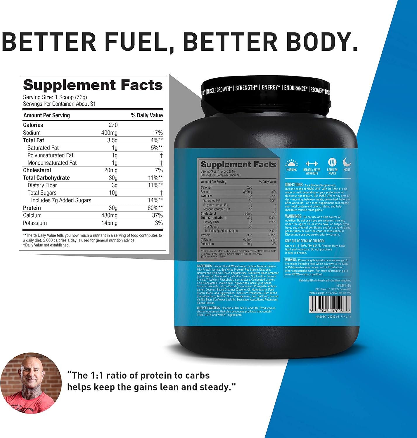 JYM Supplement Science Mass JYM Tahitian Vanilla Bean Weight Gainer Protein Powder - Egg White, Milk, Whey Protein Isolates & Micellar Casein, 5 lbs