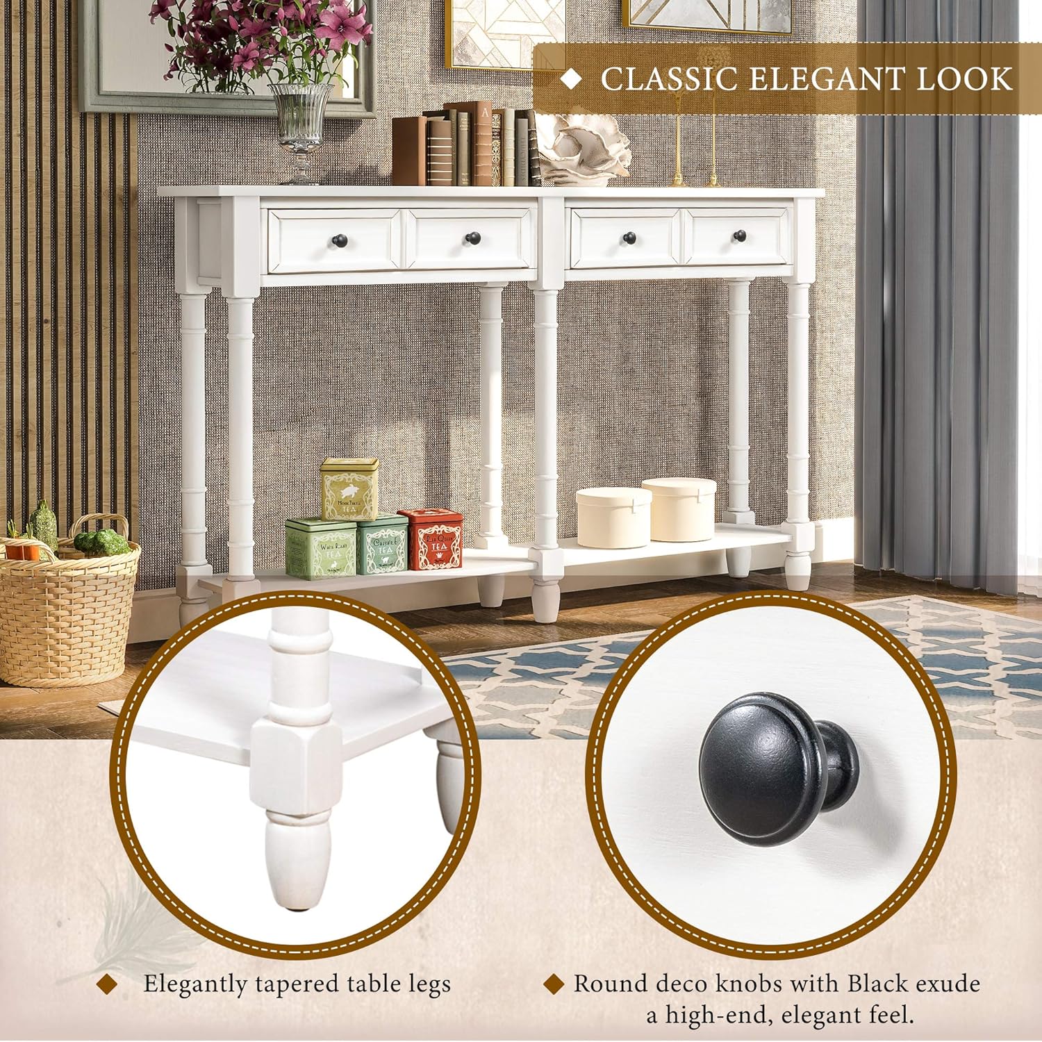 Ball & Cast 58" Console Table with Two Drawers and Bottom Shelf,Wooden Rectangular Sofa Table Behind The Couch, Rustic Entryway Table with Tapered Legs for Entrance, Hallway, Living Room,Ivory White