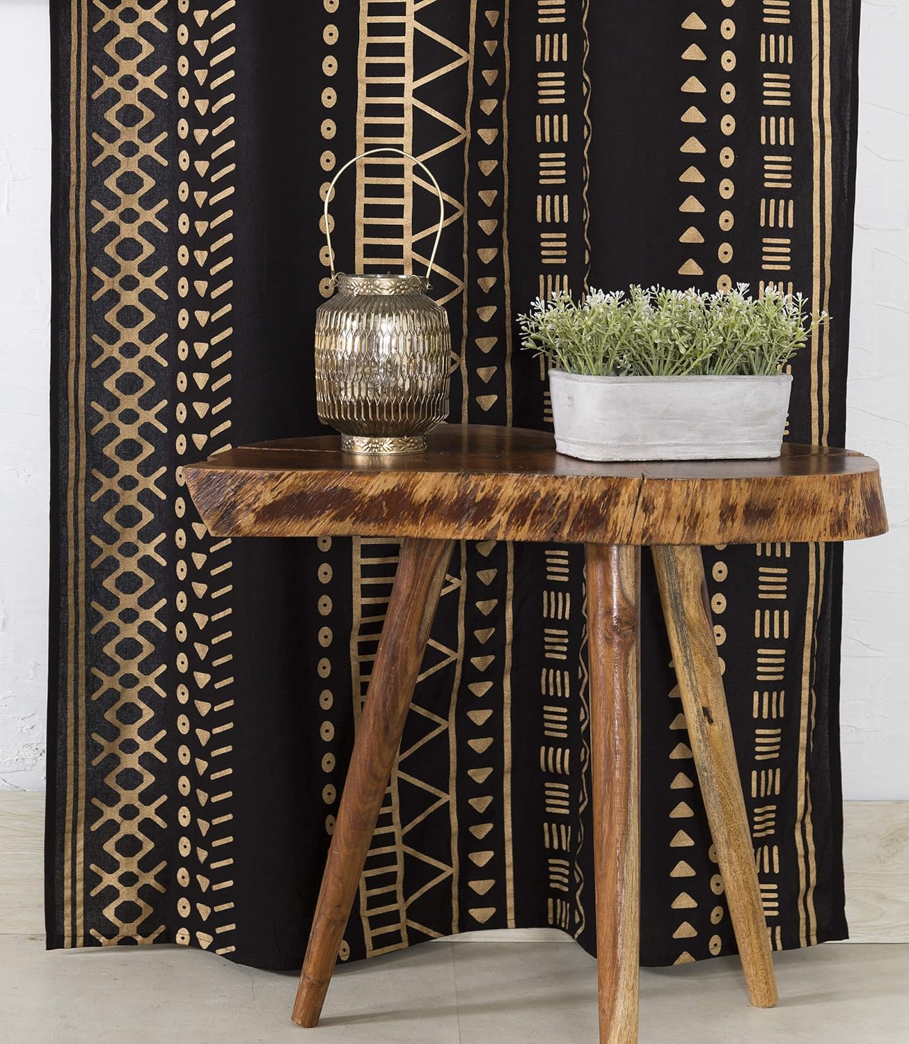 Popular Handicrafts Indian Hippie Bohemian Beautiful Gold Geometric Printed Window Door Drapery Curtain Bedroom Living Room Balcony Valance Panels Sheer Curtain Black