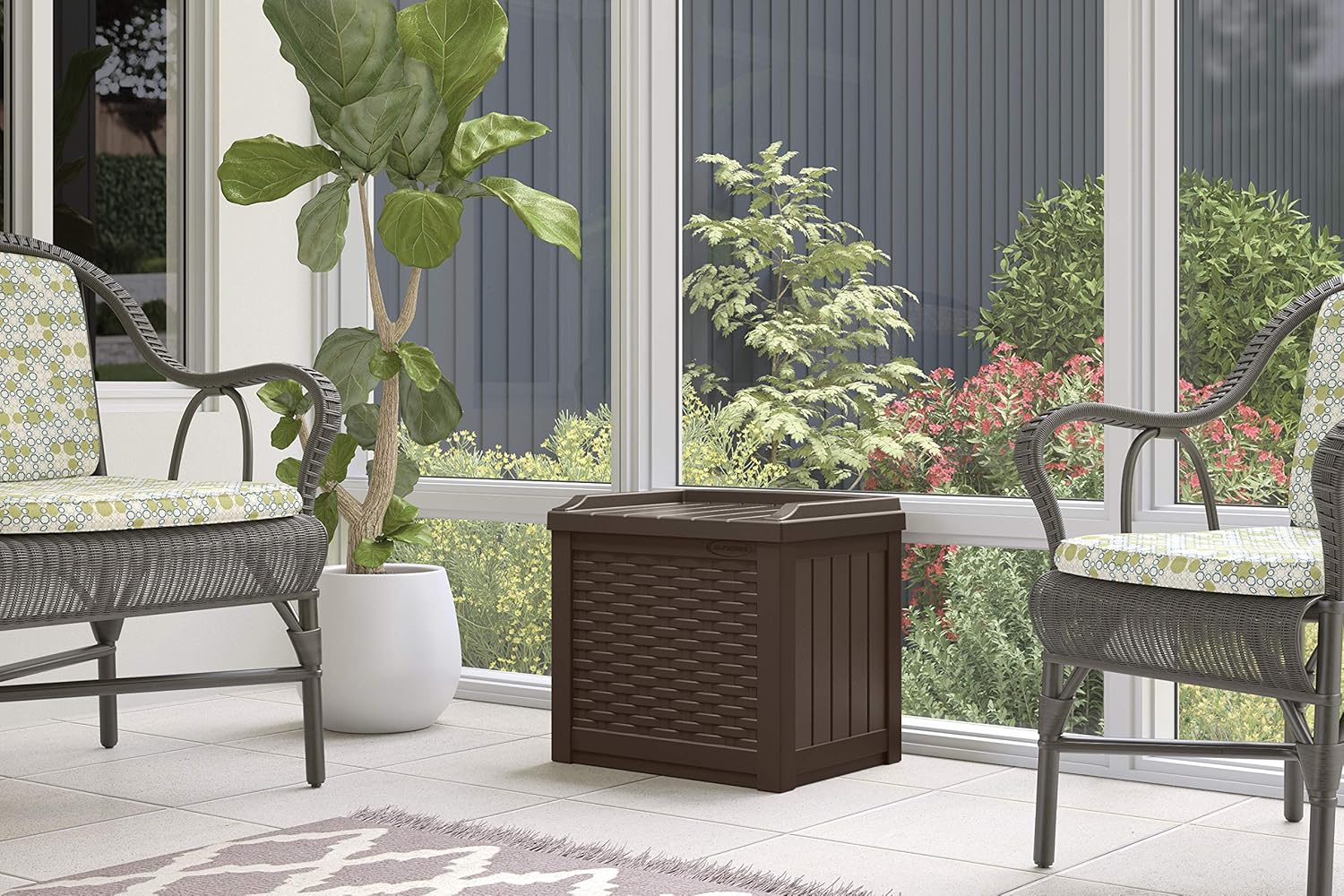 Suncast 22-Gallon Small Deck Box-Lightweight Resin Indoor/Outdoor Storage Container and Seat Cushions and Gardening Tools Store Items on Patio, Garage, Yard, Java : Patio, Lawn & Garden