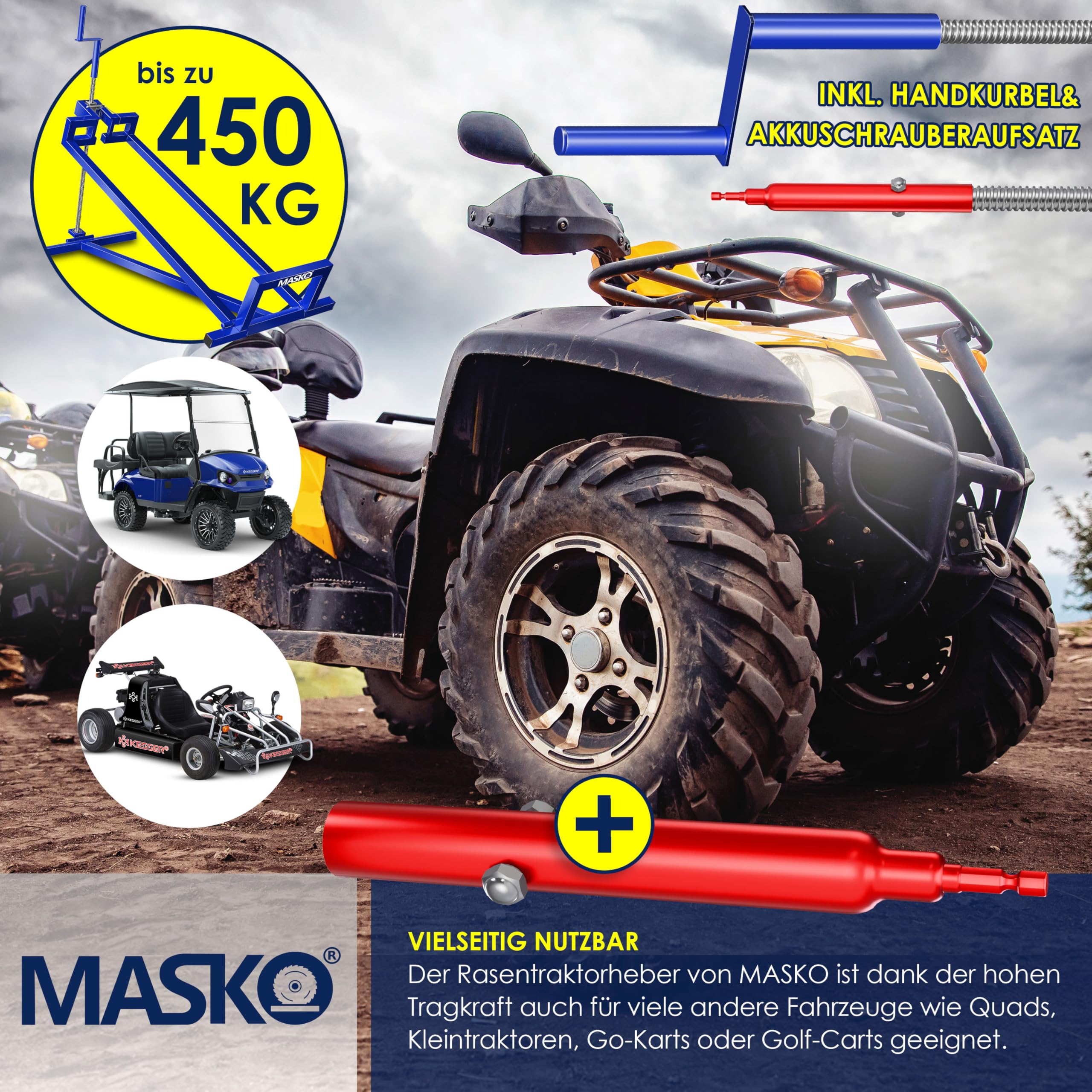 MASKO Cric de tracteur à gazon XXL 450 kg - Pont élévateur de tondeuse autoportée - Aide au nettoyage universel - Inclinaison réglable à +45° - Avec adaptateur, manivelle, gants et brosse - Bleu