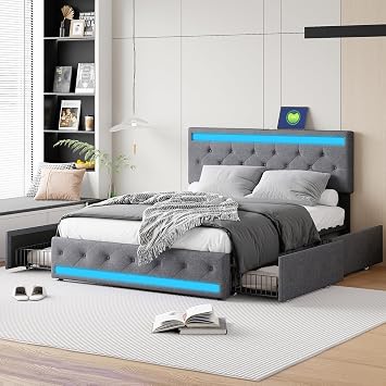140 x 200 cm Storage Double Bed with Storage Upholstered Bed LED and USB Bed Frame 140 x 200 cm with 4 Drawers and Headboard Upholstered with Slatted Base