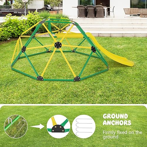 Vista 6 de Olakids Cúpula de escalada con tobogán, para niños al aire libre, gimnasio, cúpula geométrica, marco de acero, estructura de escalada de 8 pies