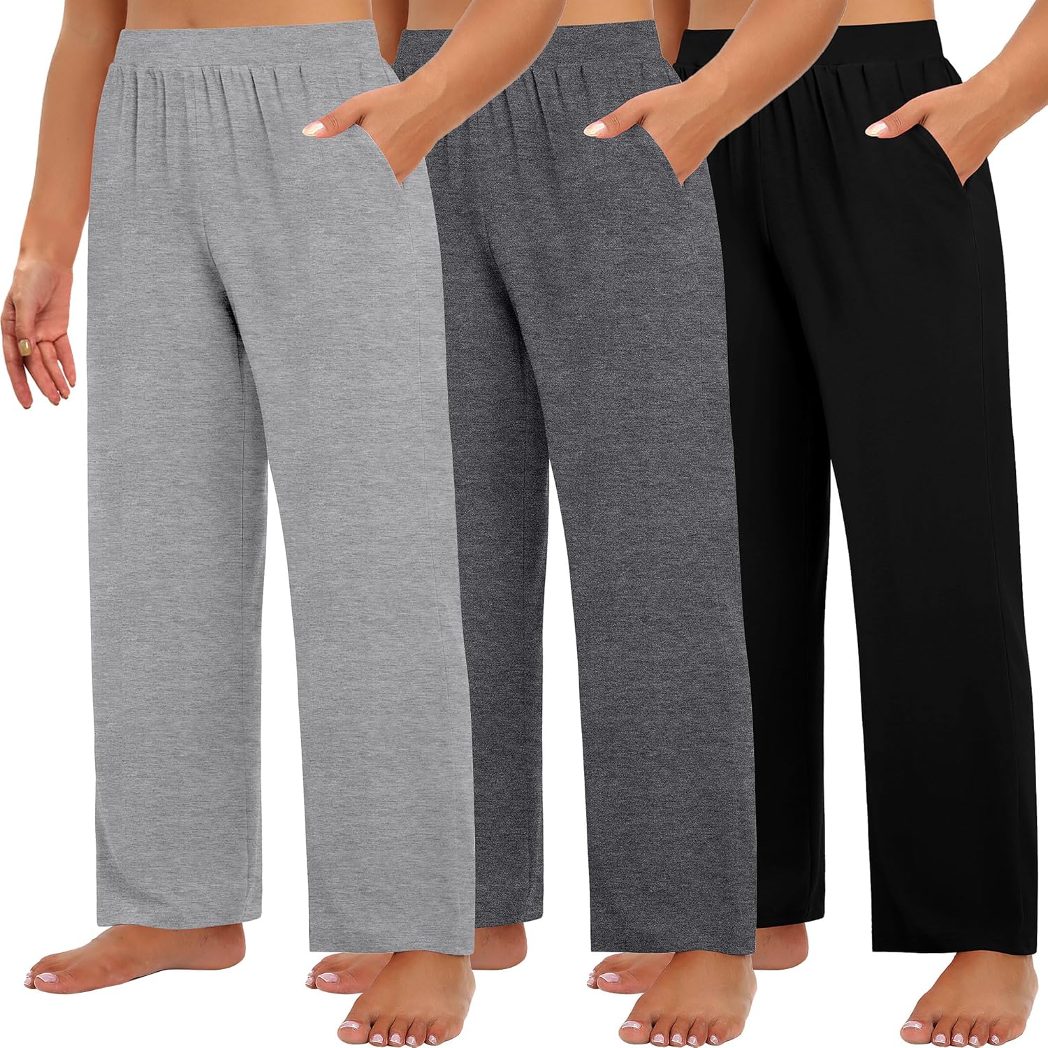 Huukeay 3 Pack Women's Plus Size Pants, High Waisted Wide Leg Pants Casual Pajamas Pants Loose Yoga Sweatpants with Pockets