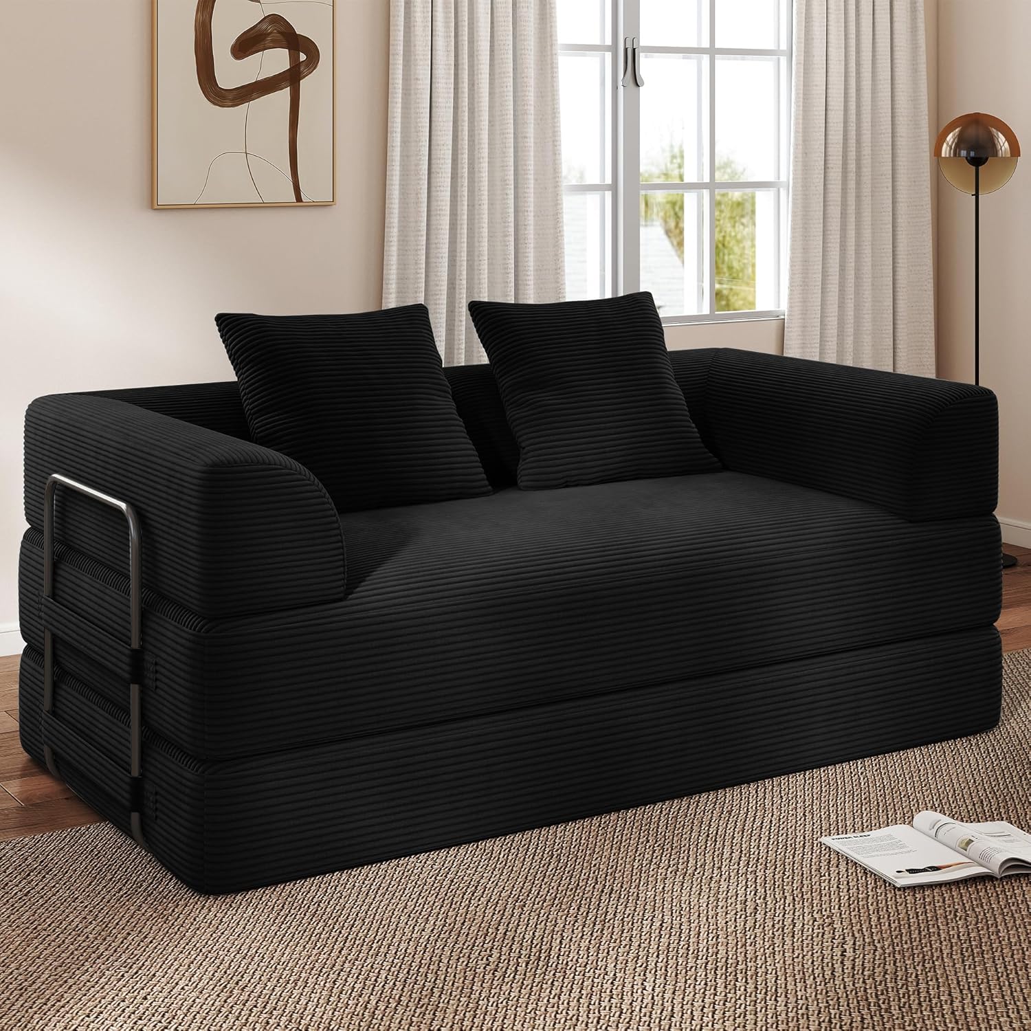 Cloud Boneless Convertible Sofa Bed, 4-in-1 Foldable Compressed High-Density Sponge Sofa, 70" Corduroy Fabric 3 Seater Sleeper Couch Futon Daybed for Living Room Bedroom (Black)
