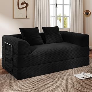 89" Cloud Boneless Convertible Sofa Bed, 4-in-1 Foldable Compressed High-Density Sponge Sofa, Corduroy Fabric 3 Seater Sleeper Couch Futon Daybed for Living Room Bedroom (Black)