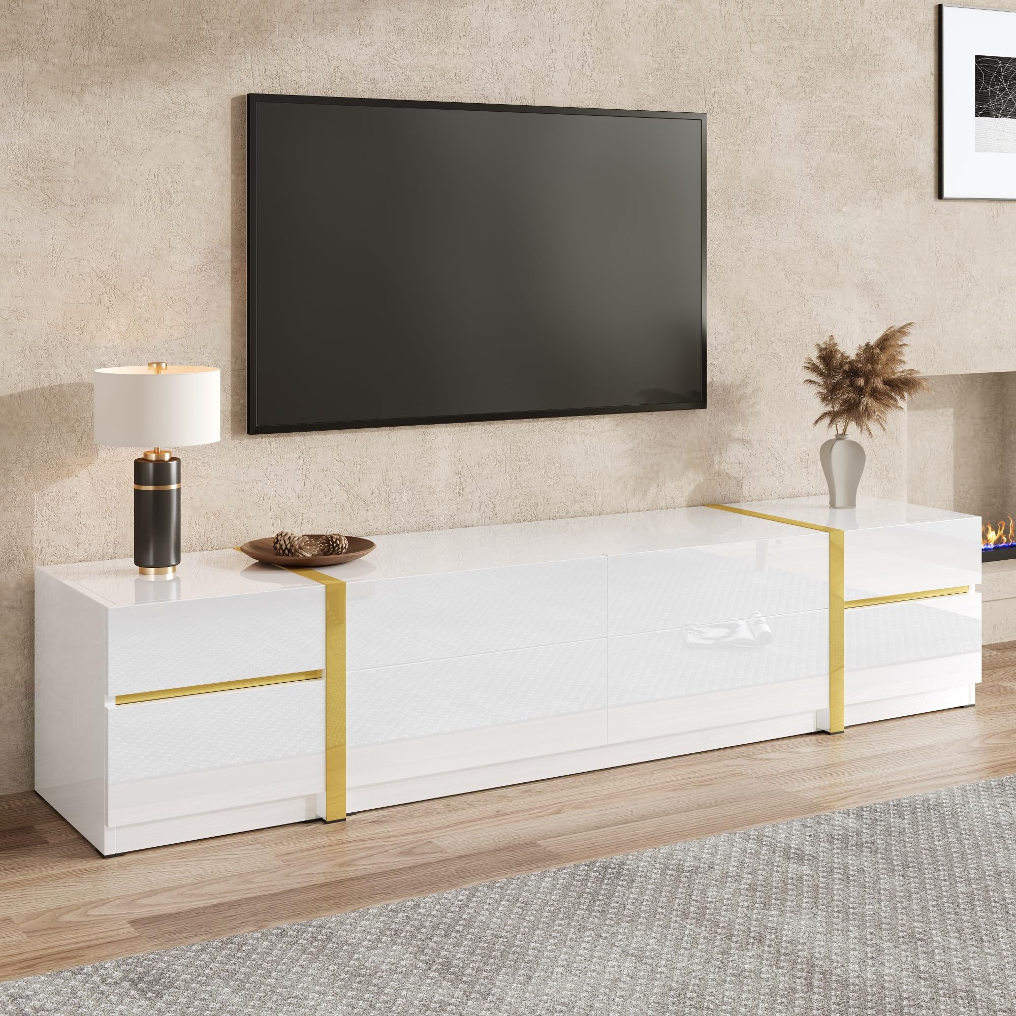 Meuble bas blanc brillant avec accents dorés - Meuble TV bas avec 4 tiroirs et 2 portes - Meuble TV pour grands téléviseurs - Buffet TV moderne pour salon - 180 cm