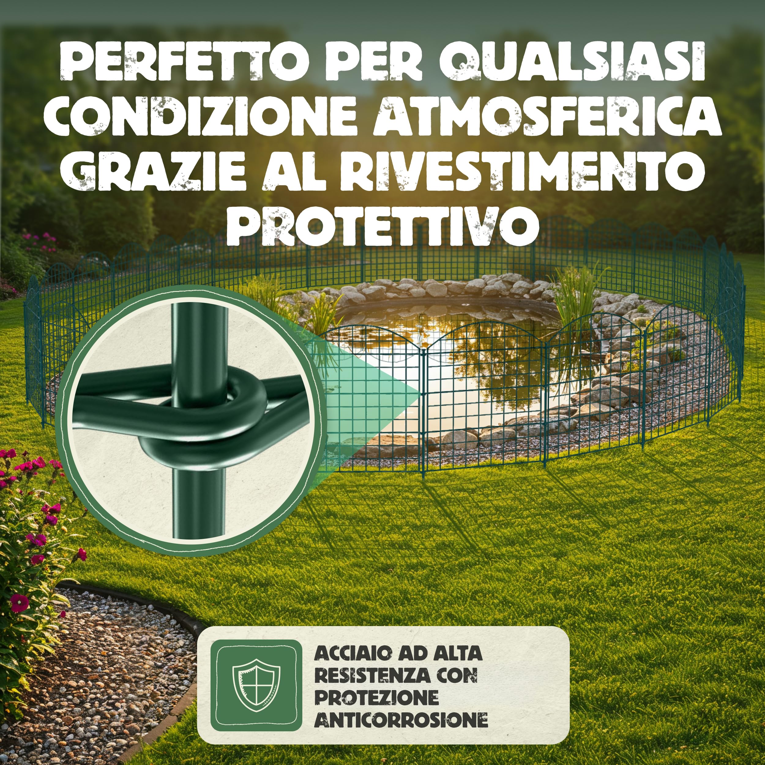 LAINFELD Recinzione per laghetto, set completo | 10 elementi di recinzione in metallo con pali | recinzione per piscina per bambini recinzione da giardino flessibile
