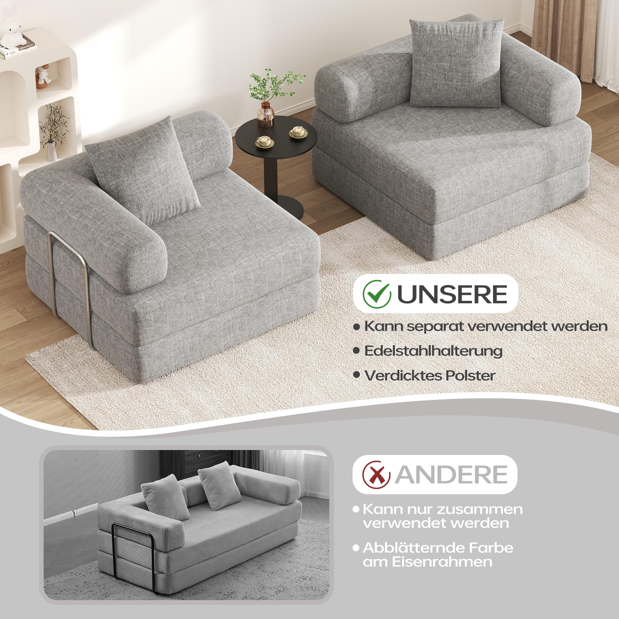 DURASPACE Faltbares 2-3 Sitzer Klappbar Schlafsofa Gästebett 200cm | Bequemer Ausklappbarer Futon, Modularer Bodensofa ohne Federkern für das Wohnzimmer