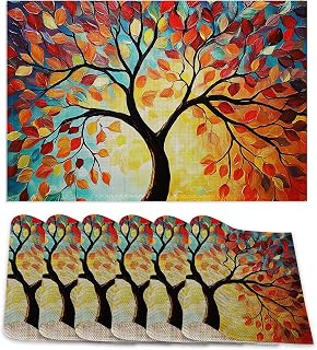 Tree of Life Placemats Set of 6,Colorful Abstract Table Mates Non-Slip Heat Resistant Washable Linen Place Mats for Party Kitchen Dining Decoration Indoor Outdoor 12"x18"