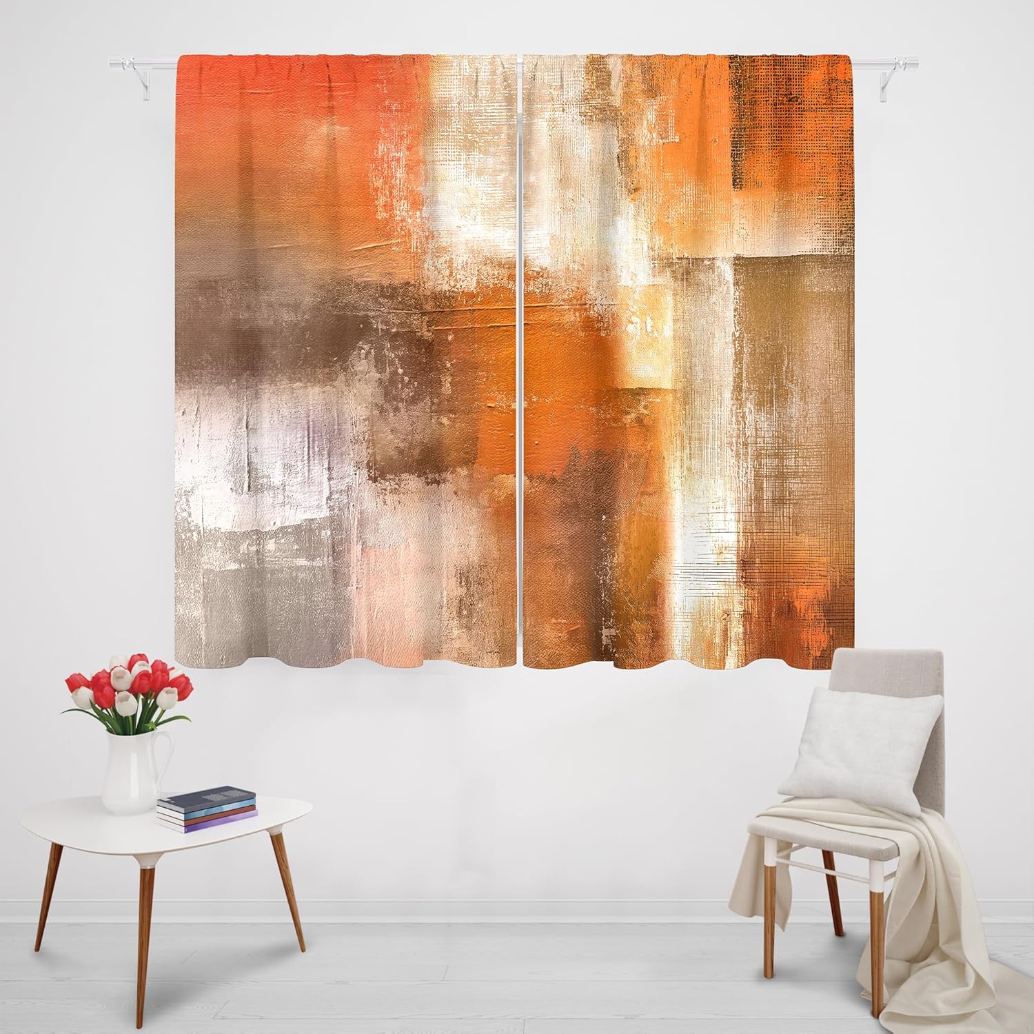MESHELLY Abstract Burnt Orange Curtains 42Wx45H Inch Rod Pocket Gray Rust Brown Bedroom Window Drapes Watercolor Grey Oil Painting Farm Retro Modern Aesthetic Printed Living Room Window Treatment