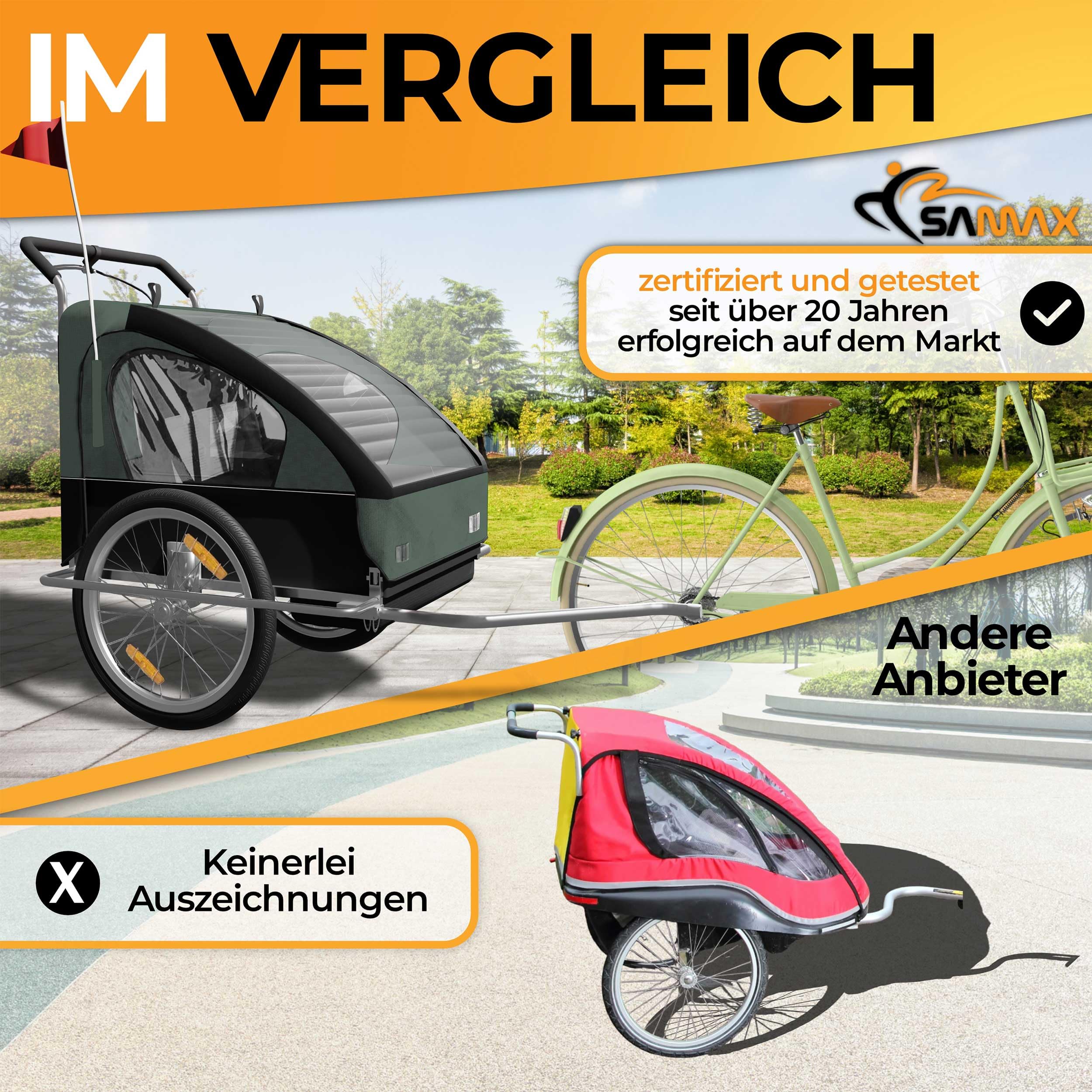 SAMAX Fahrradanhänger Jogger 2in1 Kinderanhänger Kinderfahrradanhänger Transportwagen gefederte Hinterachse für 2 Kinder