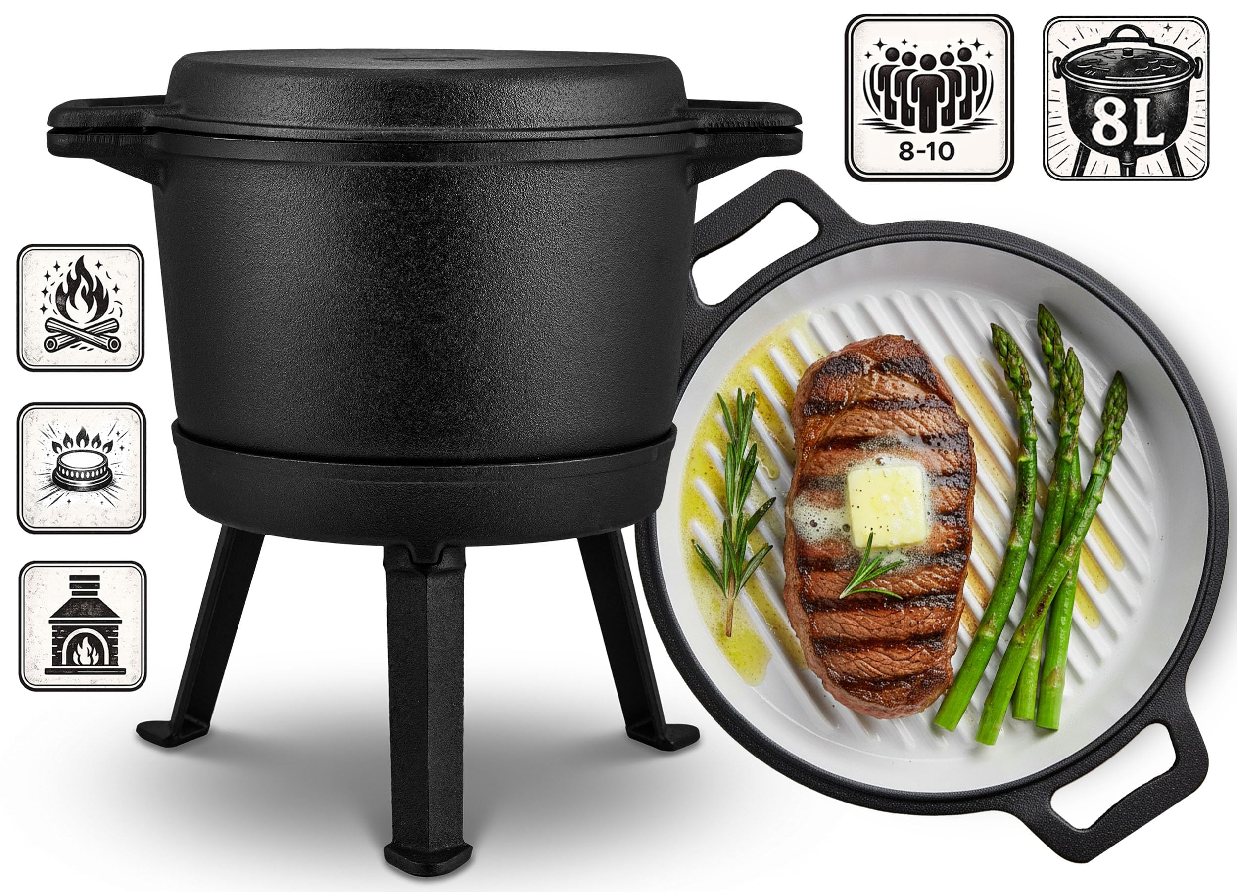 Berdsen Gusseisen Topf 8 L Dutch Oven - Emailierter Feuertopf für Lagerfeuer und Grill - 2-in-1 Deckel als Pfanne nutzbar - mit 3 Beinen und Aufhängebügel - inkl. Rezeptbuch - Schwarz
