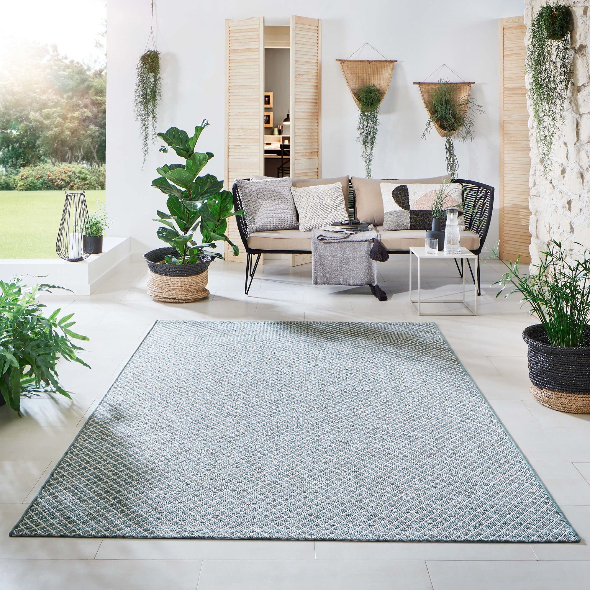 Steffensmeier Indoor Outdoor Teppich Öland Balkon Terrasse Küche Garten wasserfest Kunststoff, strapazierfähig, Raute Mint Beige, 200x250 cm