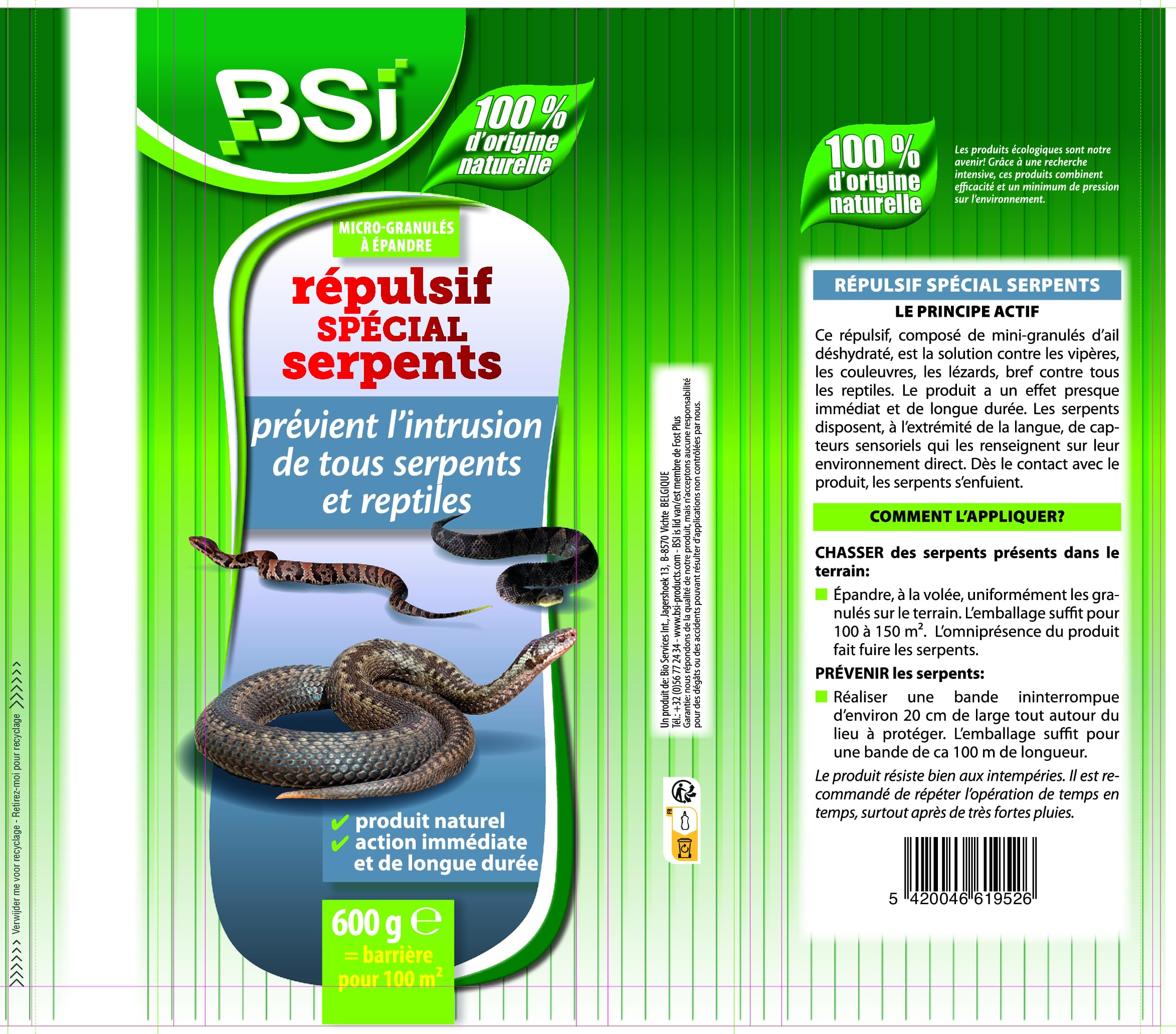 BSI - Spécial Serpents - Répulsif - Naturel - Base Végétale - Granulés - Prêt A l'emploi - 600g