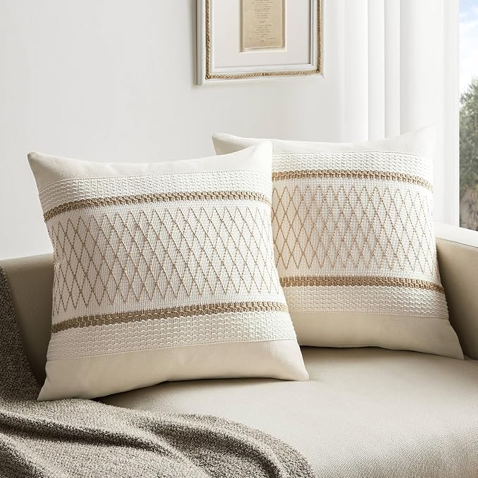 Juto 100% Cotton French Country Floral Pillow Covers - Farmhouse Decorative Cushion Covers 20x20 Inch, Pack Of 2 (Taupe White)