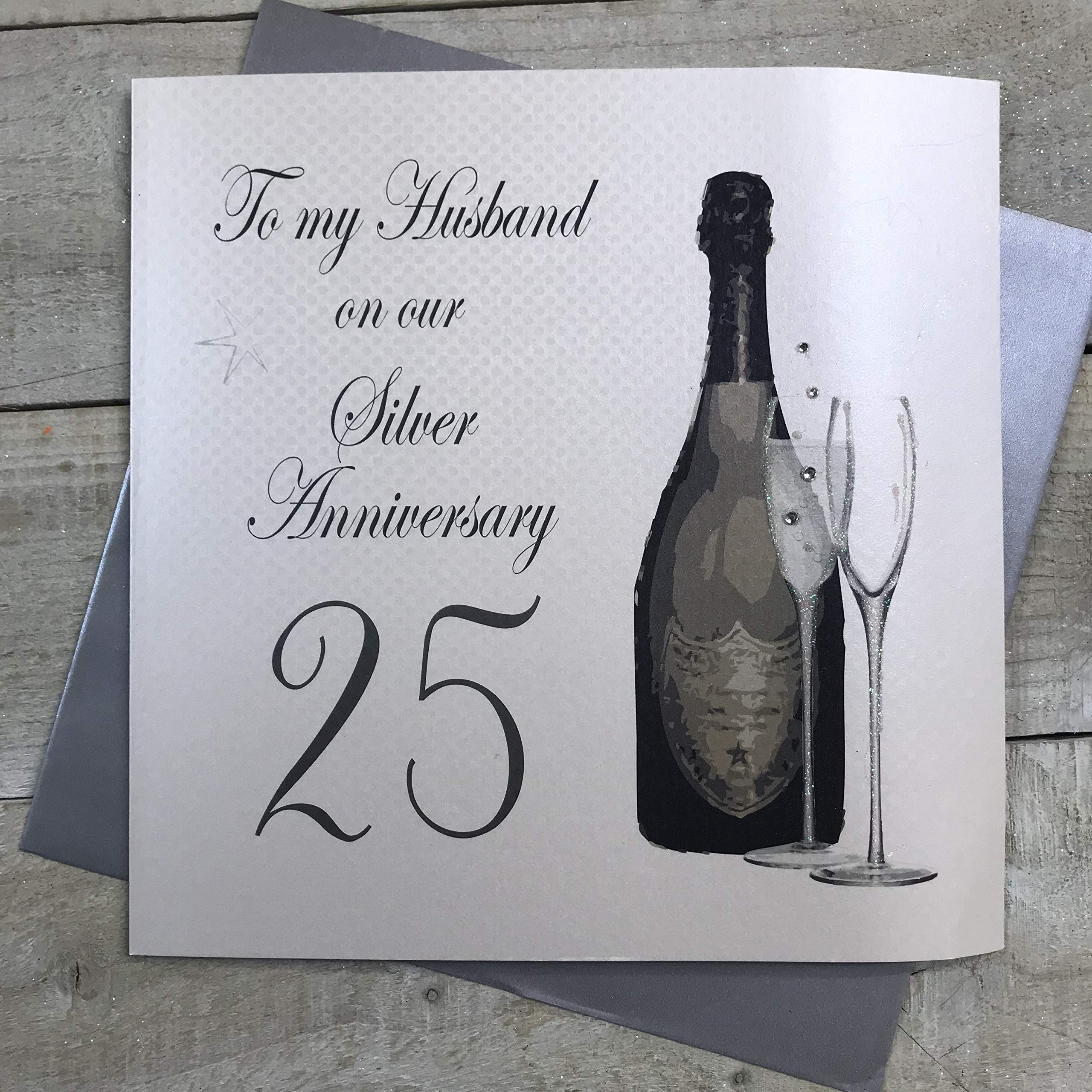 White Cotton Cards Large Champagne, Green Bottle, To My Husband On Our Silver Anniversary 25" Handmade 25th Anniversary Card, XA25H