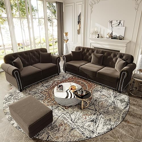 KEIKI 2-Piece Chesterfield Sofa Set with 1 Velvet 3-Seater Sofa & 1 Loveseat Sofa, Upholstered 5-Seater Couch Set with Nailhead Trim & Rolled Arms & 1 Ottoman & 5 Pillow, for Living Room, Brown