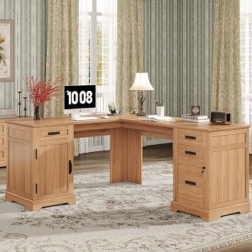 67 L Shaped Desk with Drawers, Farmhouse Corner Computer Desk with File Storage and Charging Station for Home Office, Walnut