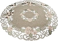 Vista 2 de Linens, Art and Things Embroidered Table Topper Gold Daisy Fleur Latte Small Tablecloth Doily (33 Inch Round)