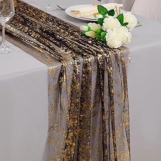 Snowkingdom Black and Gold Cheesecloth Table Runner 10 FT, Sheer Chiffon Sparkle Gauze Mesh Runners 120 Inch, Glitter Table Centerpieces Decoration for Birthday Party Wedding Christmas Halloween