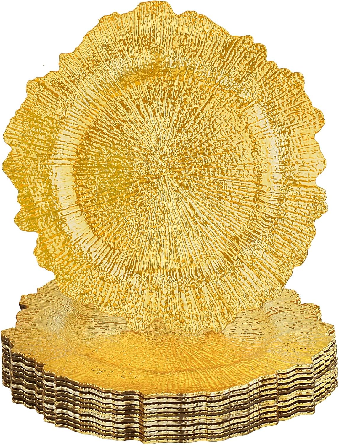 12PCS Bright Gold Charger Plates Bulk- 13in Round Plastic Chargers for Dinner Plates- Floral Reef Table Plate Chargers for Wedding, Halloween, Thanksgiving, Christmas, Party, Display