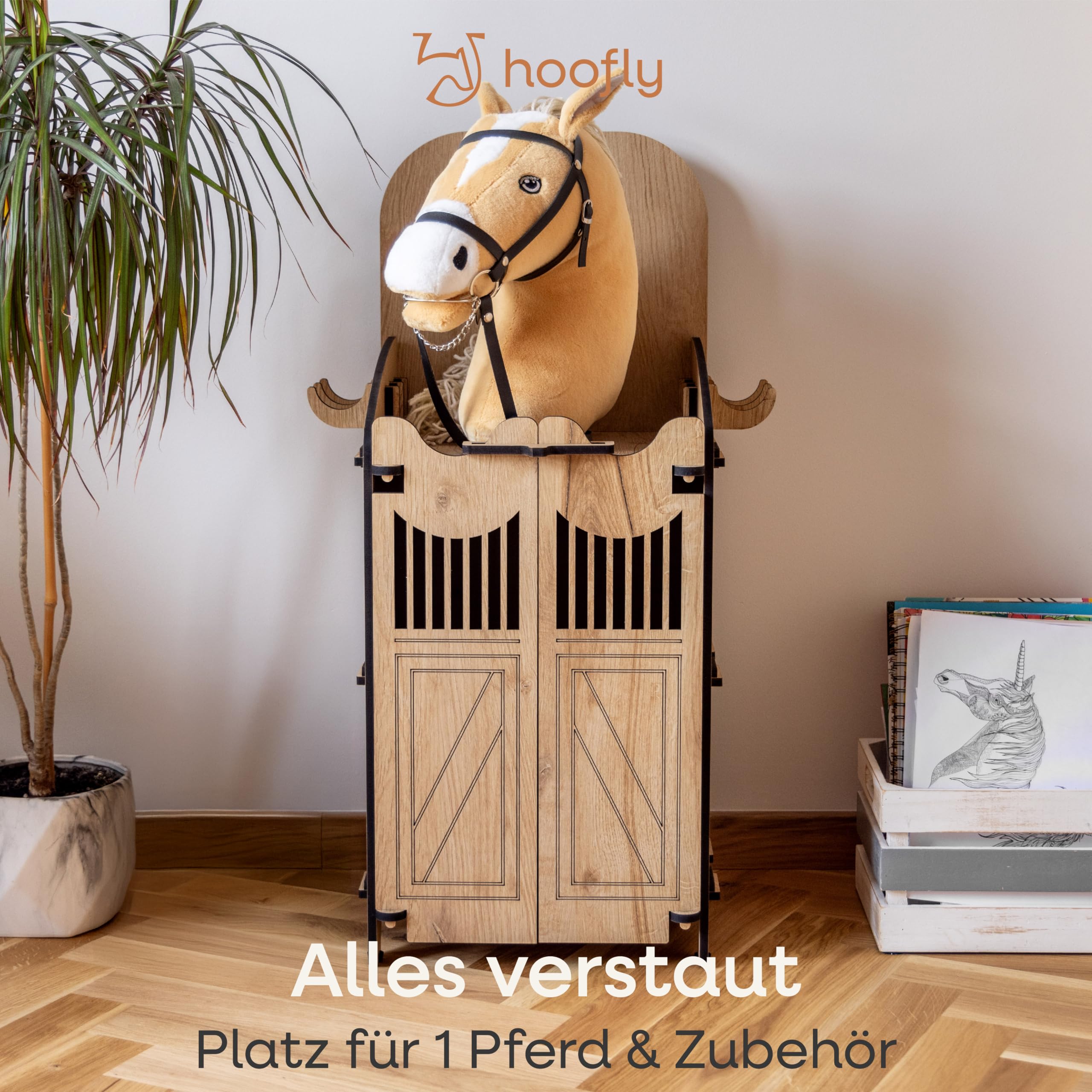 Hobby Horse Stalla – Accessorio Pratico con Porte, Spazio Contenitivo e Ganci/Supporto Stabile per Cavallo a Bastone/Scuderia in Legno per 1 Hobby Horse