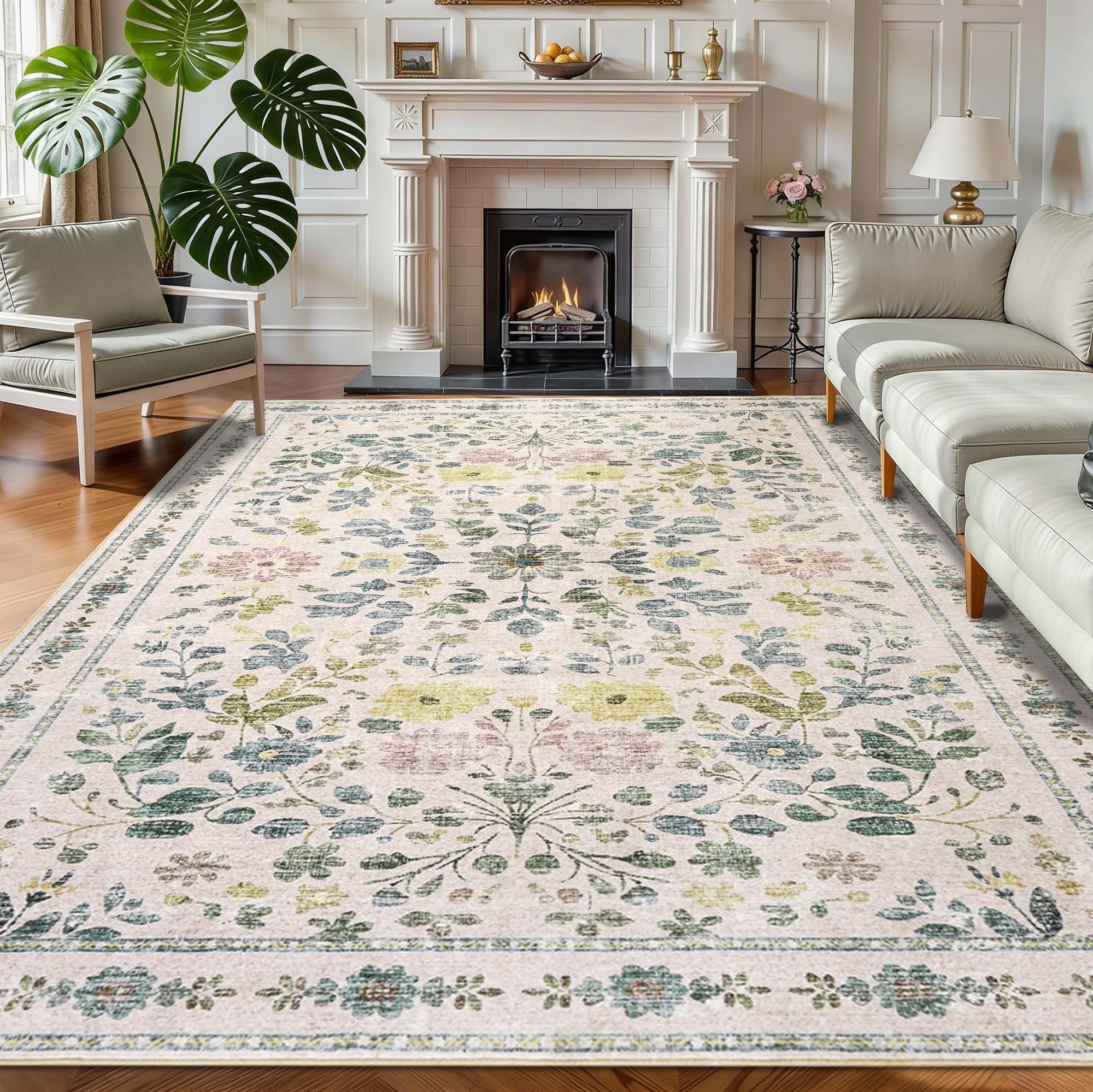 Homcomodar Beige Rugs Living Room Large 160x230cm Washable Floral Rugs for Bedroom Vintage Area Rug Non Slip Low Pile Boho Rug Soft Carpet for Living Room Dining Office Kids Nursery Decor — image 1