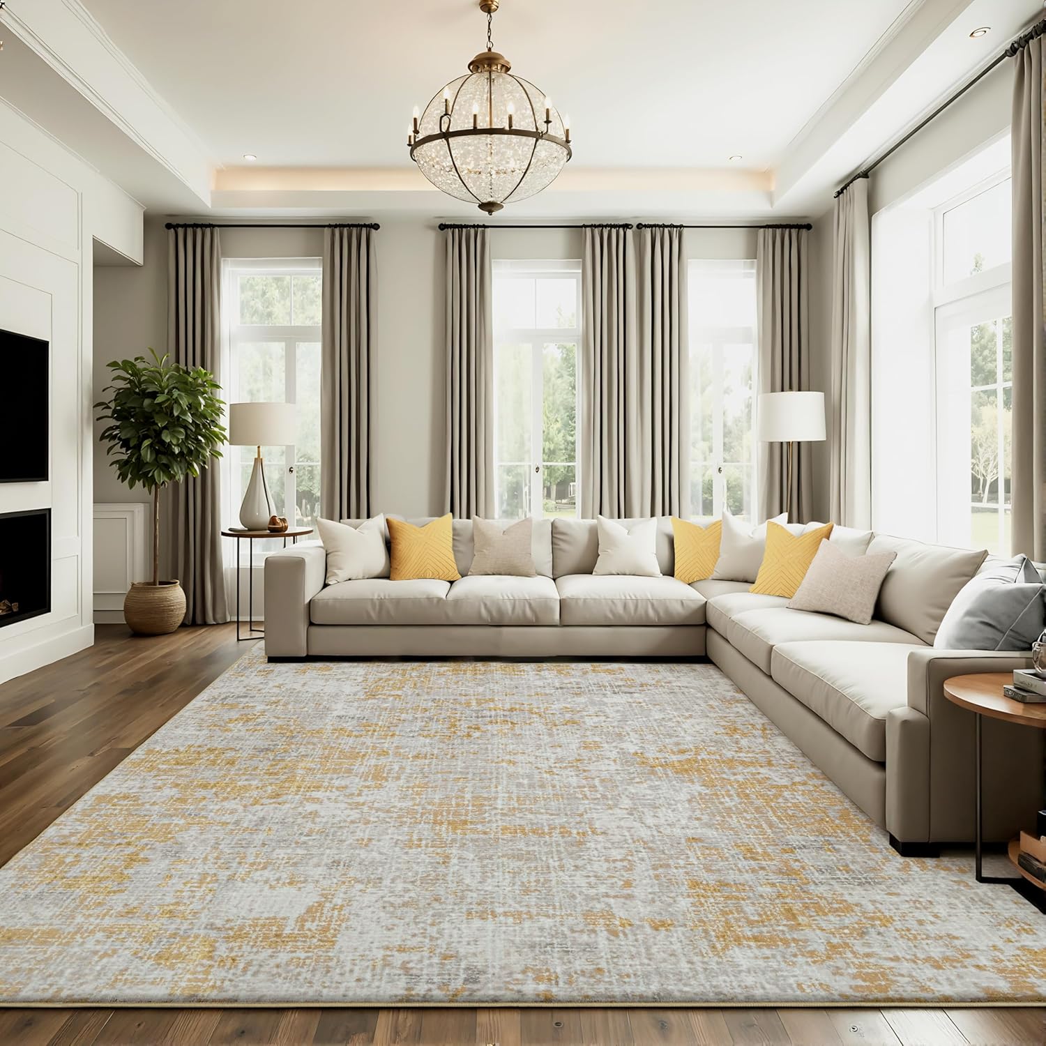 ILANGO Area Rug 8x10 ft for Living Room Bedroom Machine Washable Rugs with Non Slip Backing High Traffic Indoor Carpet for Dining Room Dorm Non-Shedding & Fade Resistant Modern Rugs Modern - Light Gold 8' x 10' (8'×10')