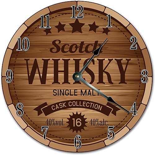 Reloj de madera con diseño de barril de whisky escocés de 10.5 pulgadas, reloj impreso – Reloj de pared grande de 10.5 pulgadas – Reloj de