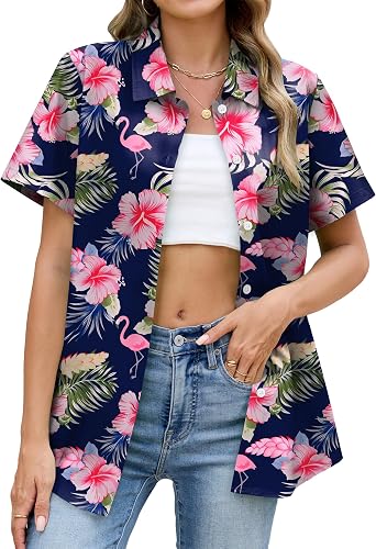 Hawaiian Shirts for Women Floral Short Sleeve Button Down Shirt Summer Tropical Beach Tops