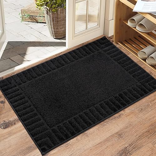 BEQHAUSE Tapete antideslizante para puerta delantera, de perfil bajo, absorbente, lavable a máquina, resistente al fango, color negro, 24 x 36