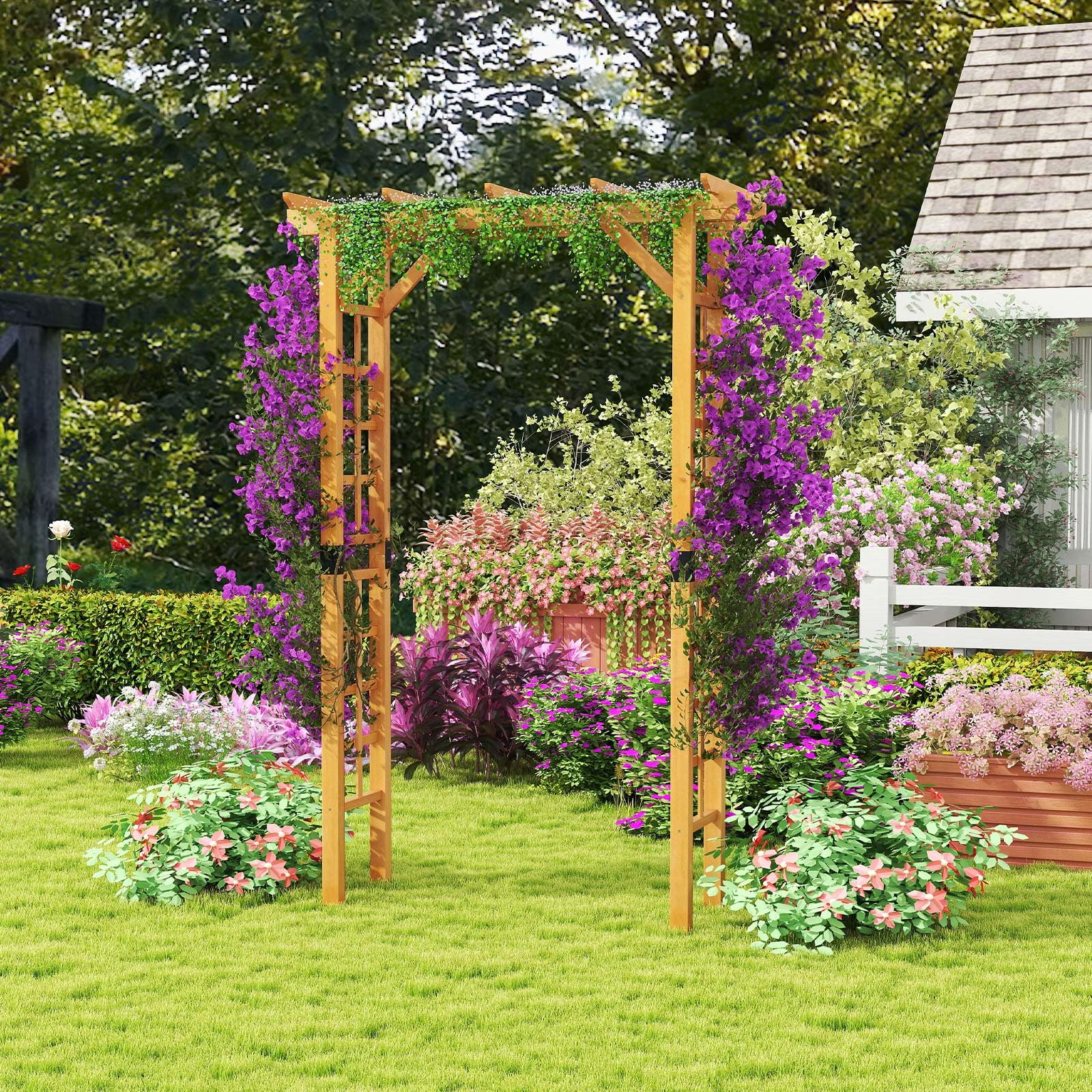 COSTWAY Arche de Jardin en Bois pour Plantes Grimpantes, Arceau à Rosiers en Treillis Extérieur 140x60x215CM, Support de Toile de Fond Plat, Décoration Mariage Fête et Cérémonie