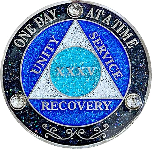 Vista 28 de (años 1-50) AA 17 años de cristales y medallón de purpurina, chapado en color plateado, arco iris negro, purpurina azul y tres cristales