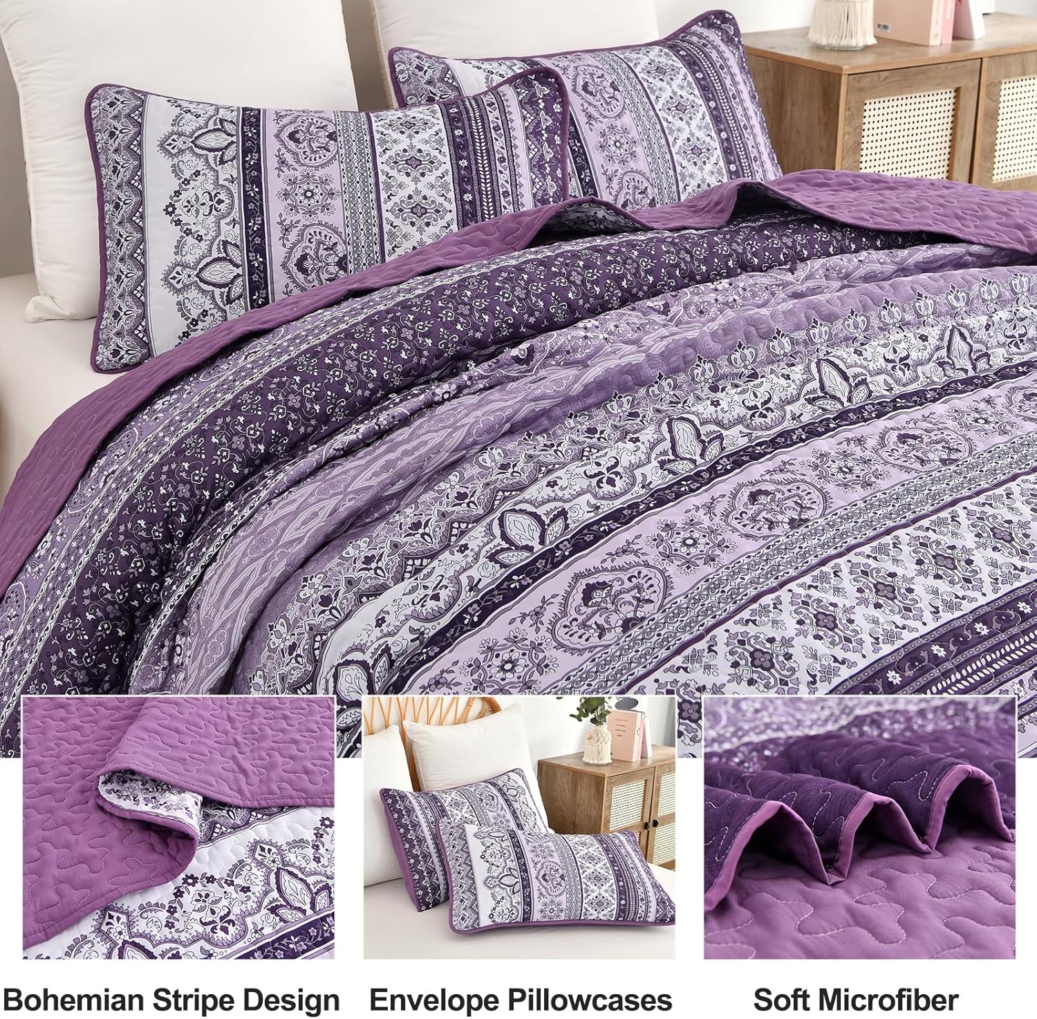WONGS BEDDING Boho Quilt Set Queen Size, Bohemian Purple 3 Pieces Quilts Bedspread Set Stripe Lightweight Microfiber All Season Bedding Coverlet Set for Queen Bed (96"x90") - Image 6