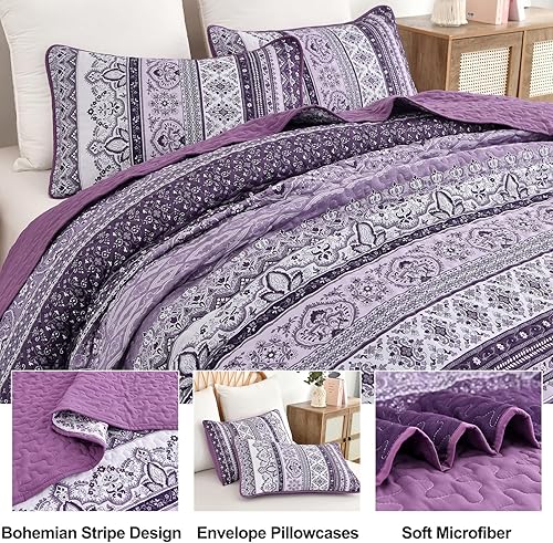 Vista 38 de WONGS BEDDING Juego de edredón bohemio tamaño Queen Aqua, juego de colcha de 3 piezas a rayas, de microfibra ligera y suave bohemia para todas