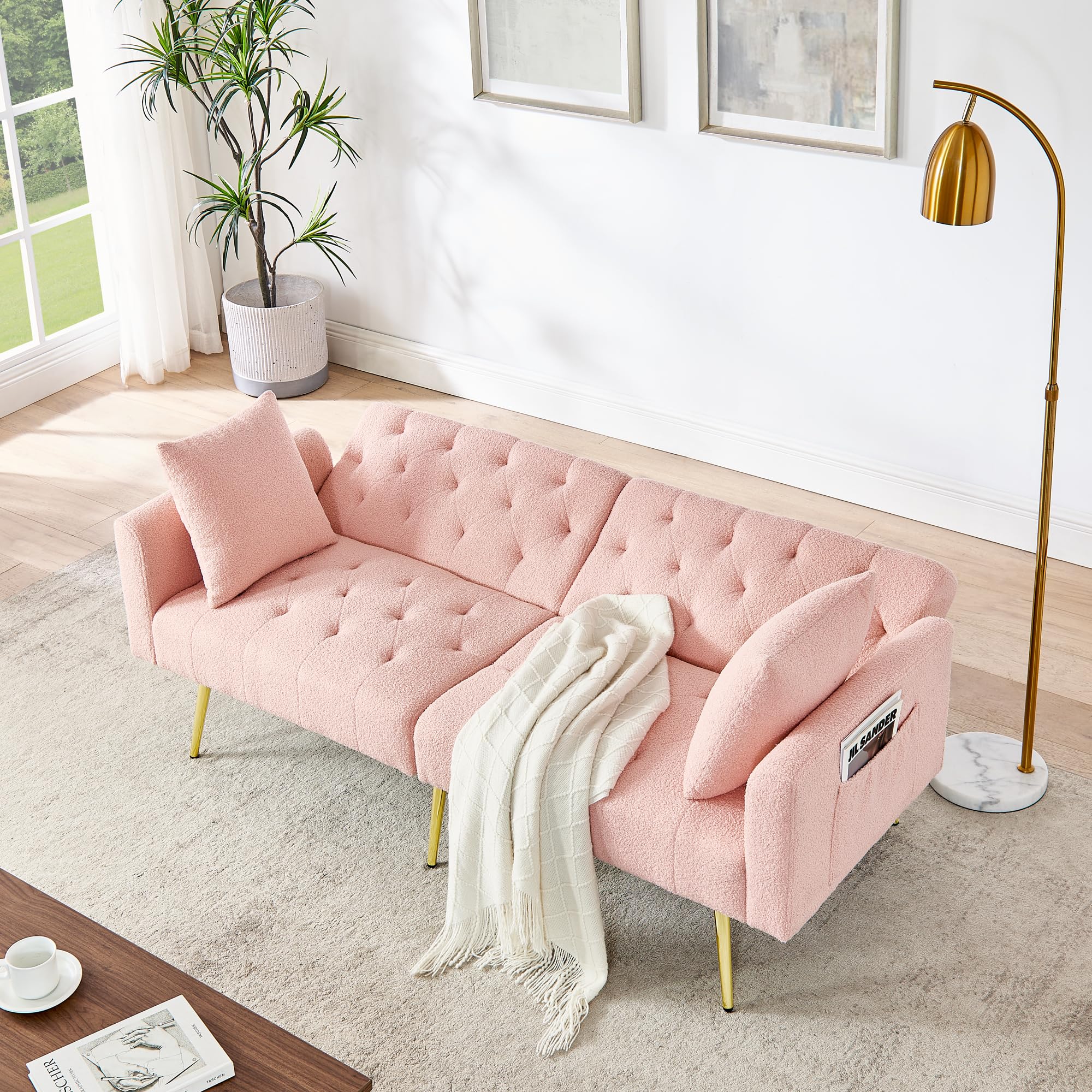 Ball & Cast Klappsofa, Mini Sofa mit Schlaffunktion, Schlafsofa Klein aus Teddy-Stoff, 3-Fach verstellbare Winkel, Ideal für Wohnungen und Wohnzimmer, Rosa Küche, Haushalt & Wohnen
