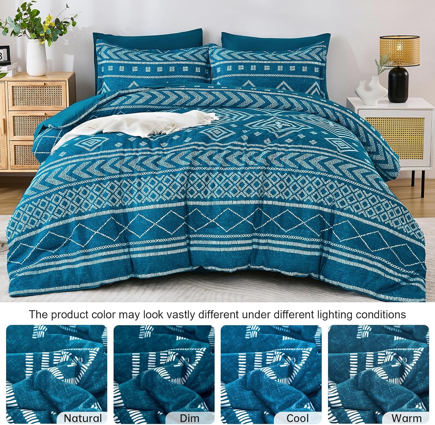 Yiran Teal Blue Comforter Set Queen Size, 7 Piece Boho Aztec Bedding Set, Geometric Bed in a Bag Queen, Soft Microfiber Bohemian Striped Complete Bedding Set with Sheets for All Season - Image 5